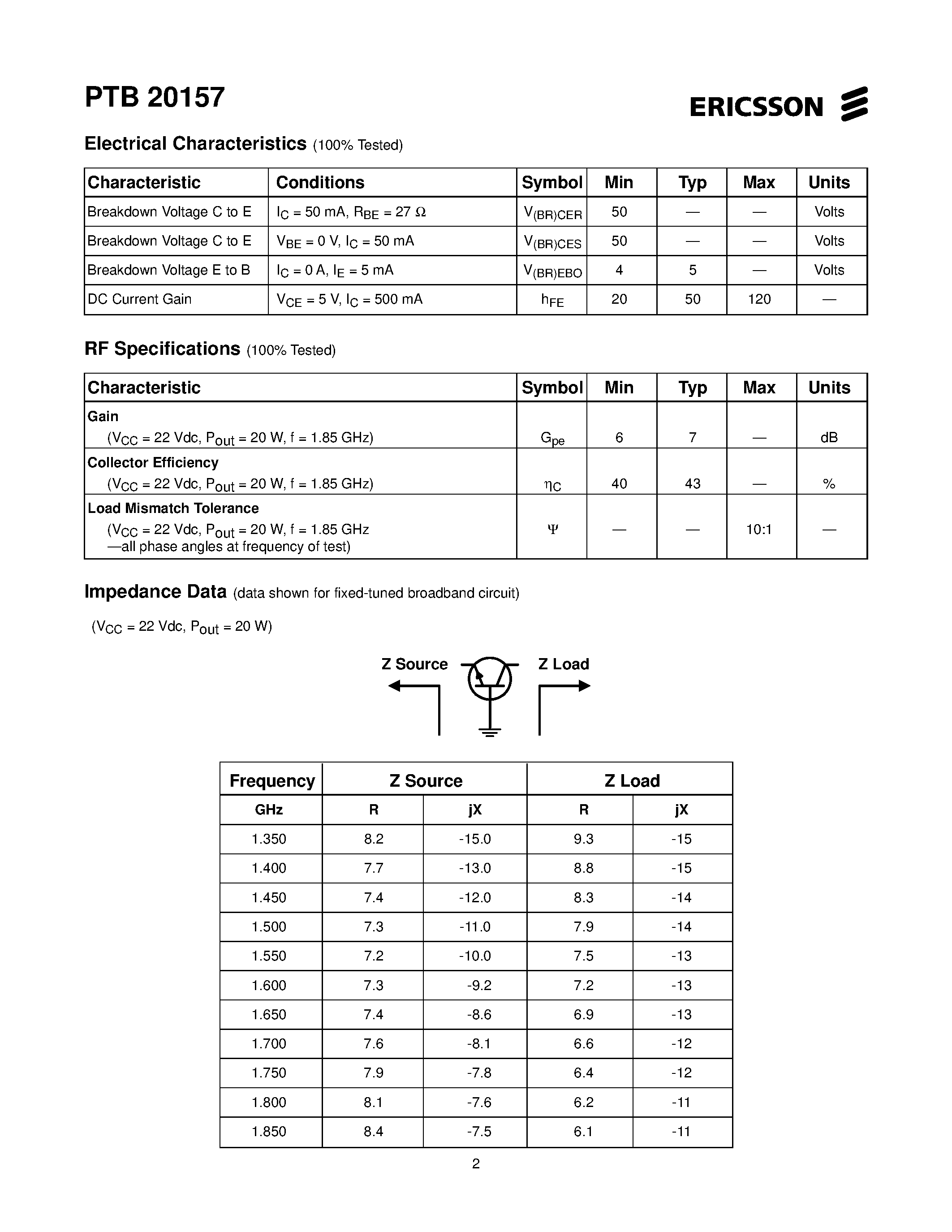 Даташит PTB20157 - 20 Watts/ 1.35-1.85 GHz RF Power Transistor страница 2