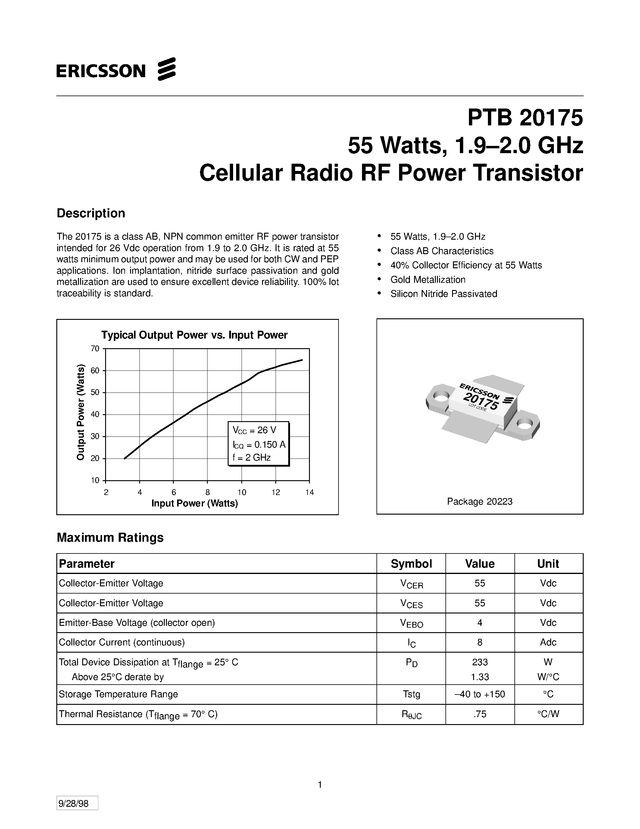Datasheet PTB20175 - 55 Watts/ 1.9-2.0 GHz Cellular Radio RF Power Transistor page 1