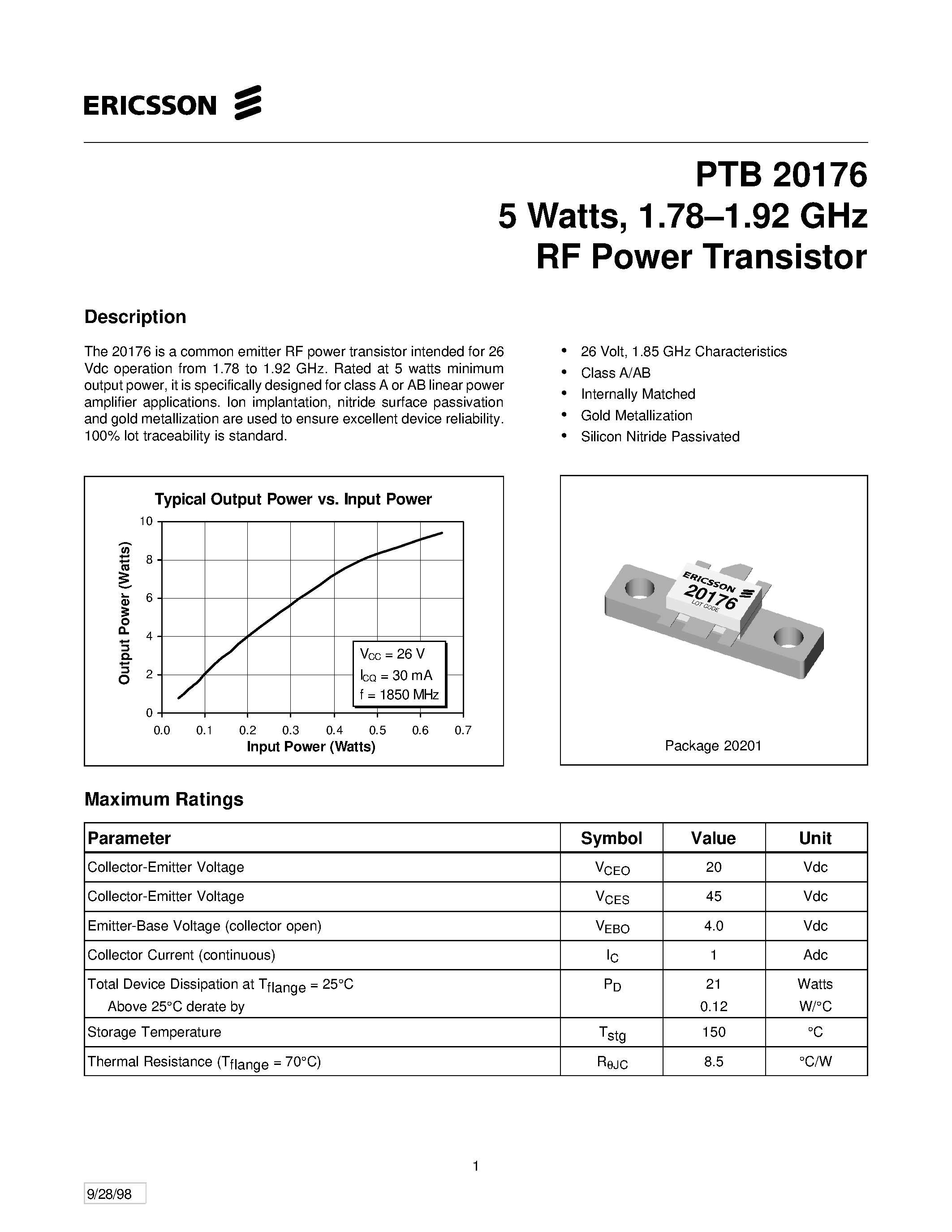 Datasheet PTB20176 - 5 Watts/ 1.78-1.92 GHz RF Power Transistor page 1