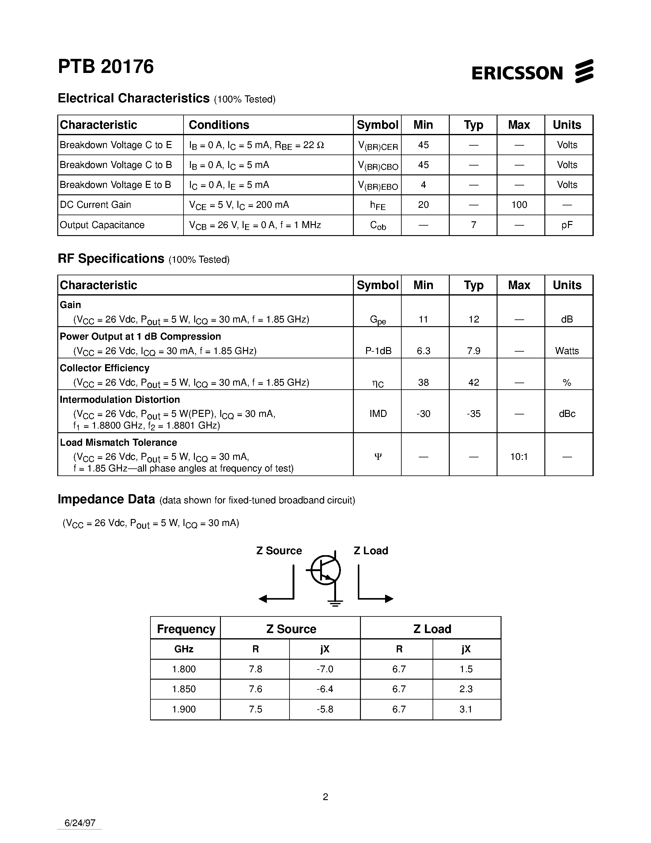 Datasheet PTB20176 - 5 Watts/ 1.78-1.92 GHz RF Power Transistor page 2
