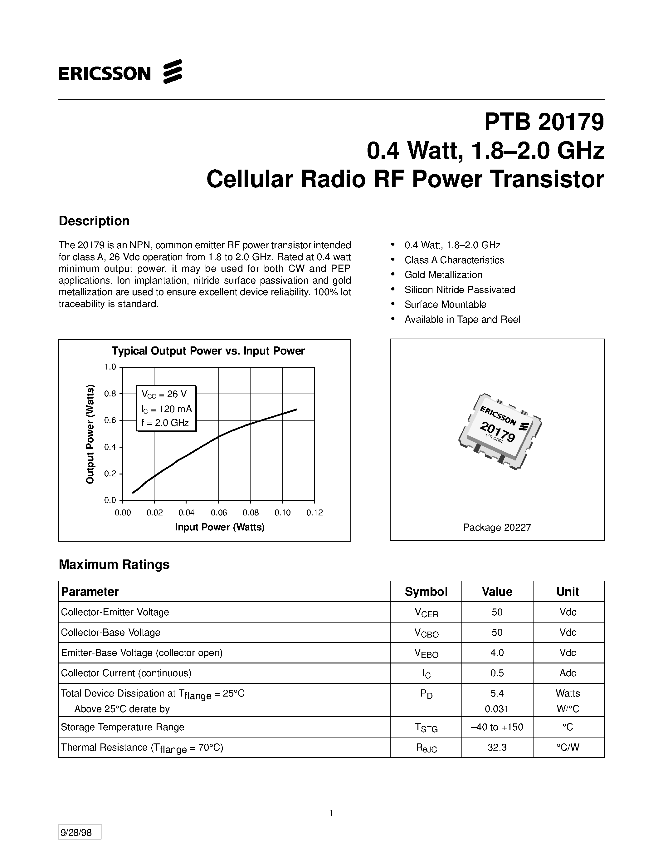 Datasheet PTB20179 - 0.4 Watt/ 1.8-2.0 GHz Cellular Radio RF Power Transistor page 1