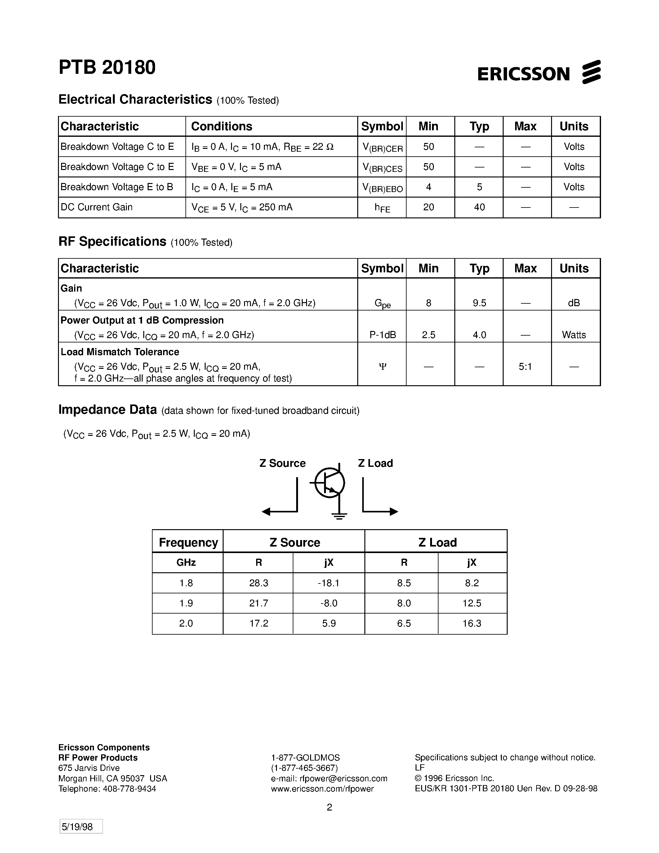 Даташит PTB20180 - 2.5 Watts/ 1.8-2.0 GHz Cellular Radio RF Power Transistor страница 2