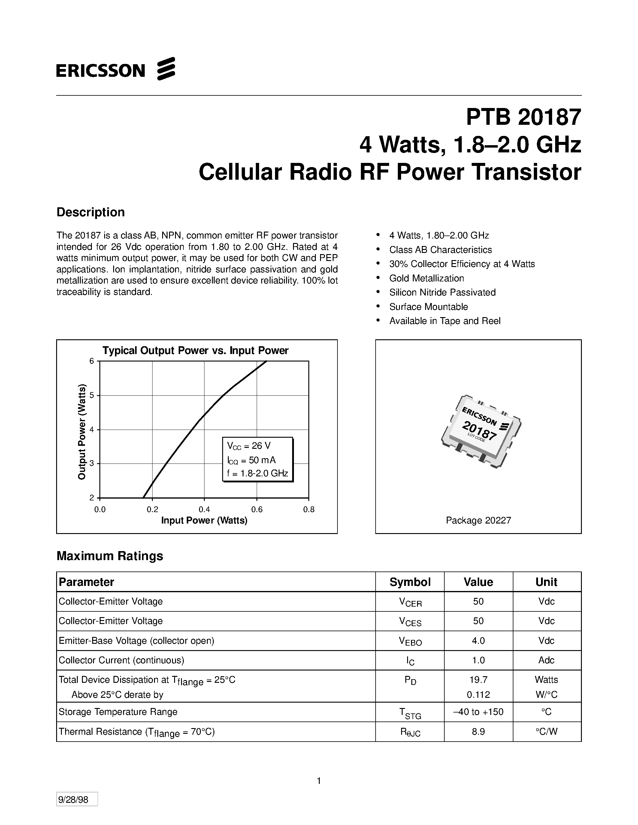 Datasheet PTB20187 - 4 Watts/ 1.8-2.0 GHz Cellular Radio RF Power Transistor page 1