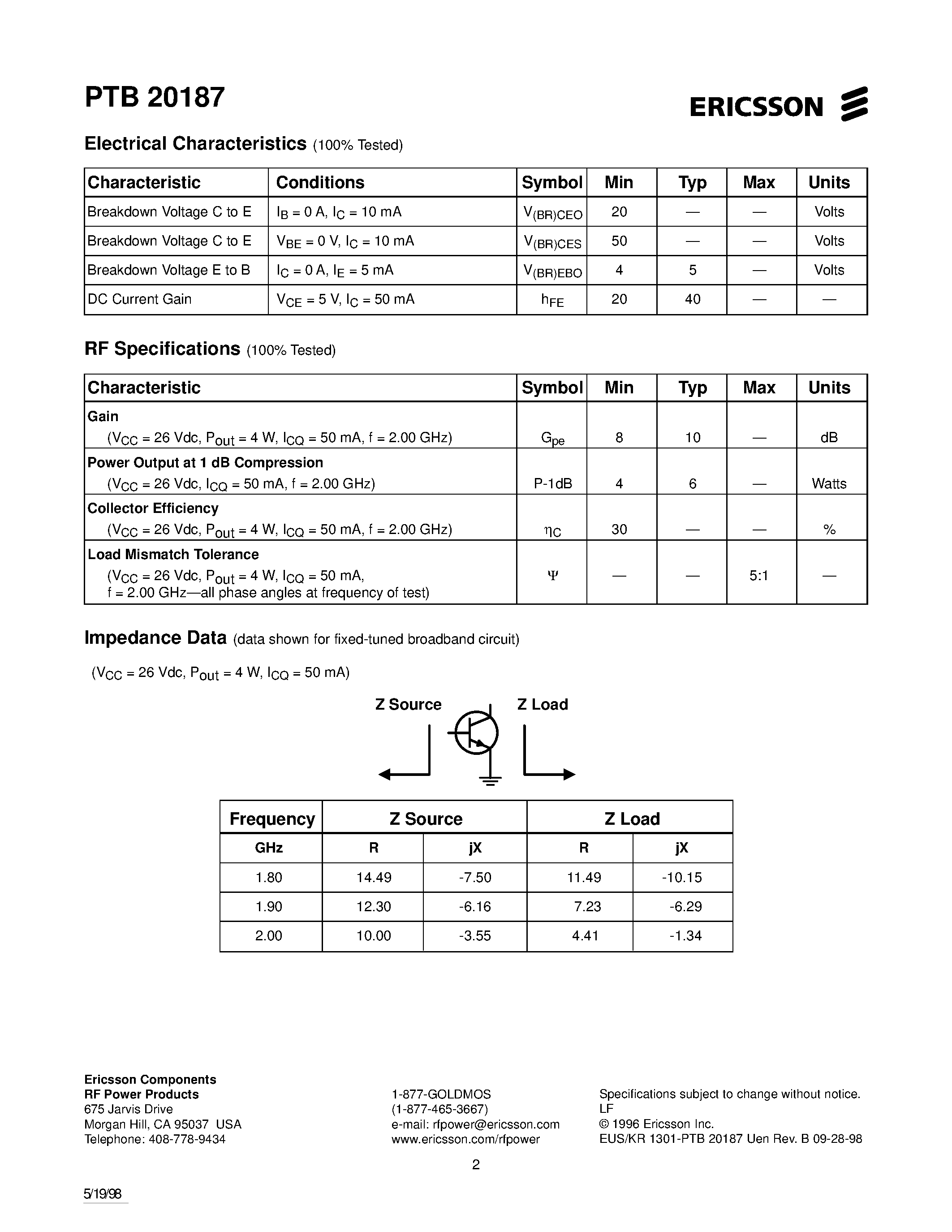 Datasheet PTB20187 - 4 Watts/ 1.8-2.0 GHz Cellular Radio RF Power Transistor page 2
