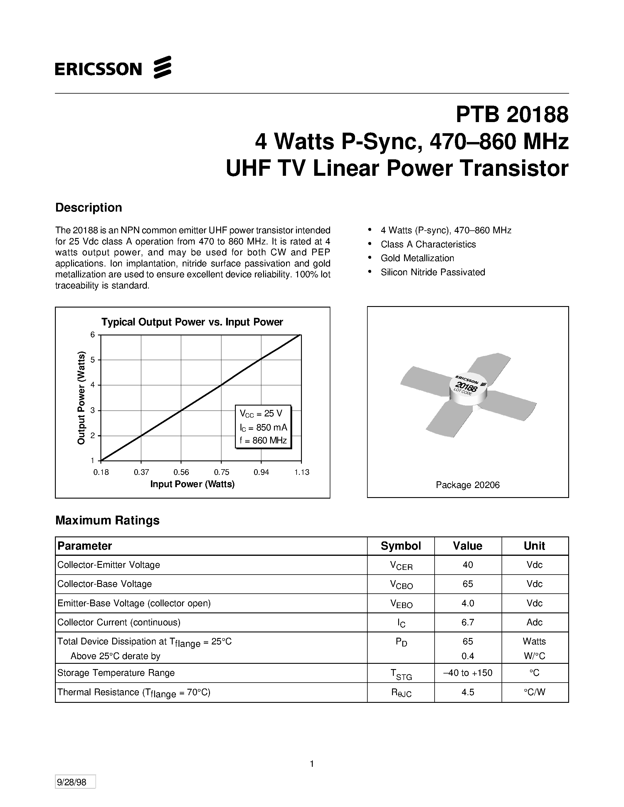 Datasheet PTB20188 - 4 Watts P-Sync/ 470-860 MHz UHF TV Linear Power Transistor page 1