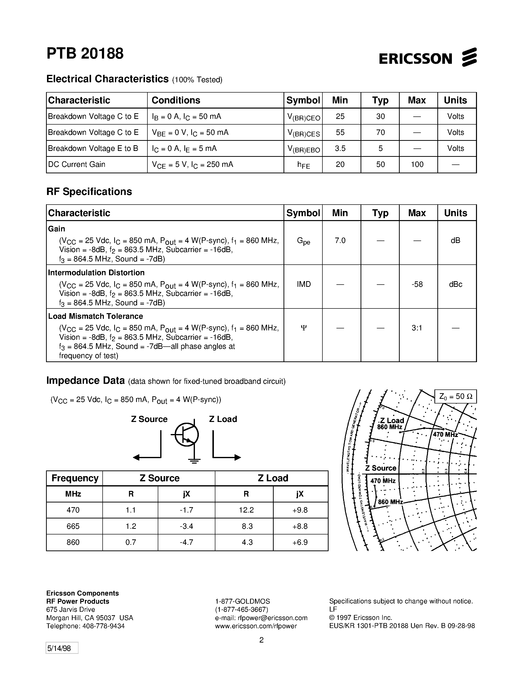 Datasheet PTB20188 - 4 Watts P-Sync/ 470-860 MHz UHF TV Linear Power Transistor page 2