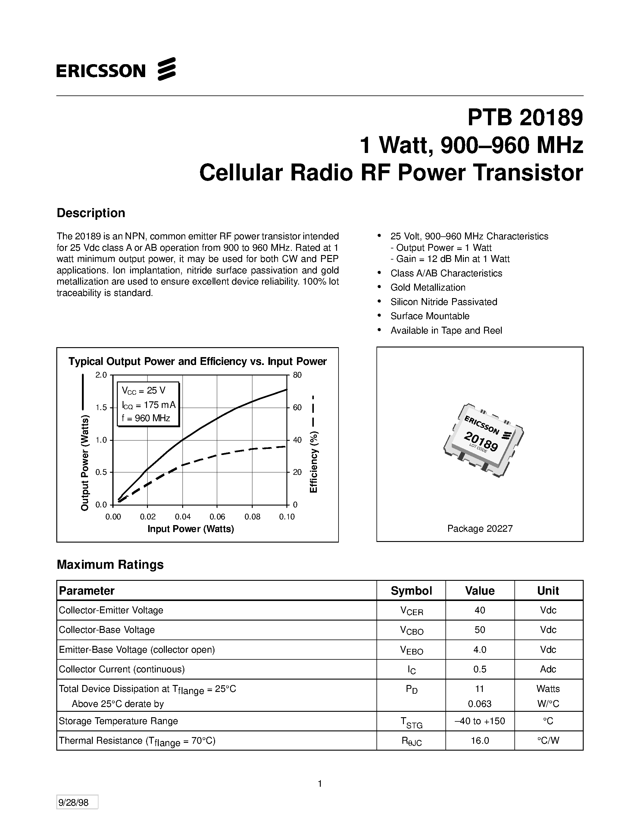 Datasheet PTB20189 - UHF TV Linear Power Transistor Cellular Radio RF Power Transistor page 1