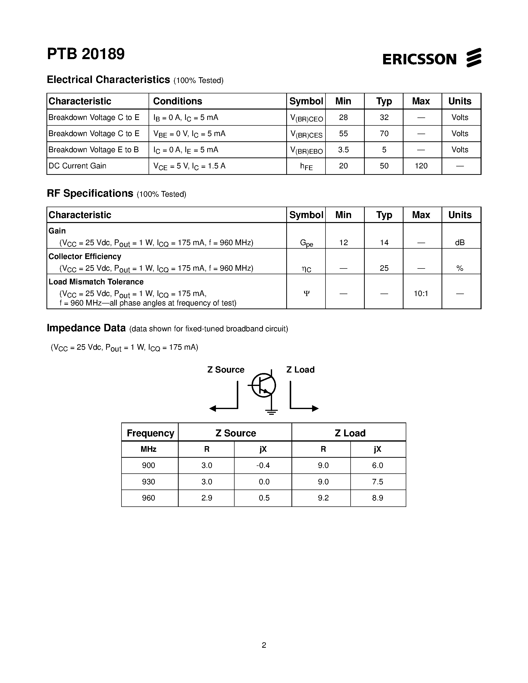 Datasheet PTB20189 - UHF TV Linear Power Transistor Cellular Radio RF Power Transistor page 2