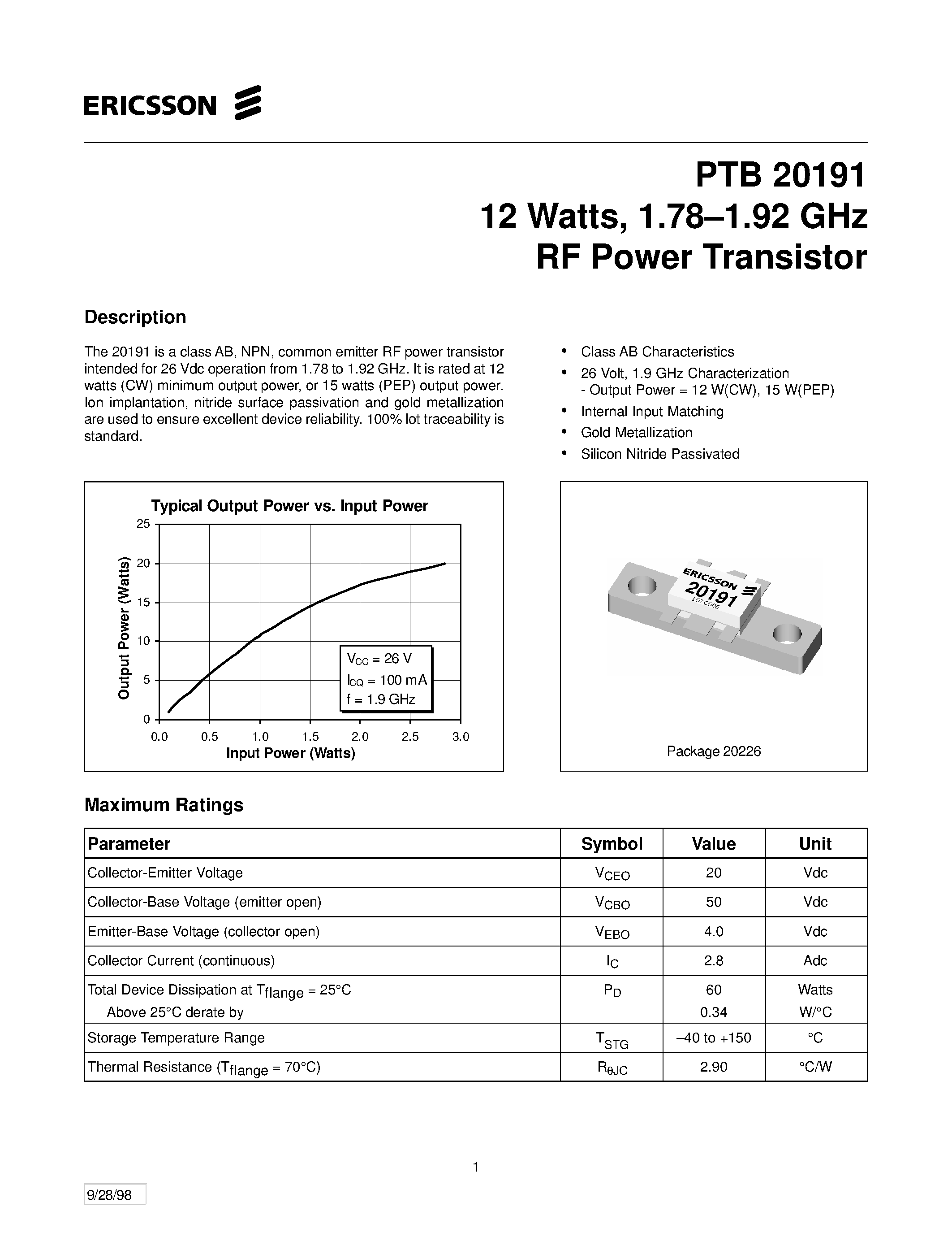 Даташит на микросхему PTB20191 страница 1 Даташит PTB20191 - 12 Watts/ 1.78-1.92 GHz RF Power Transistor страница 1