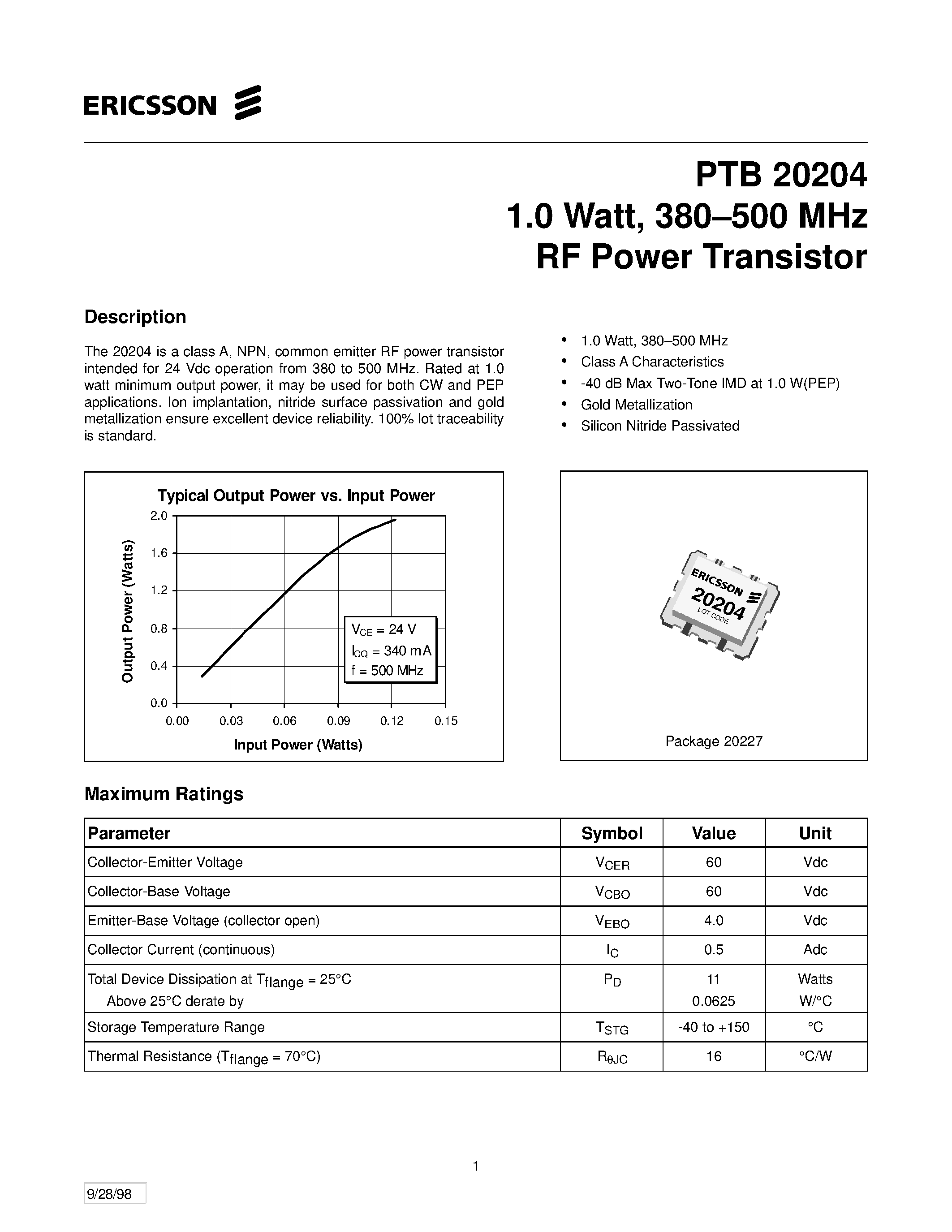 Datasheet PTB20204 - 1.0 Watt/ 380-500 MHz RF Power Transistor page 1
