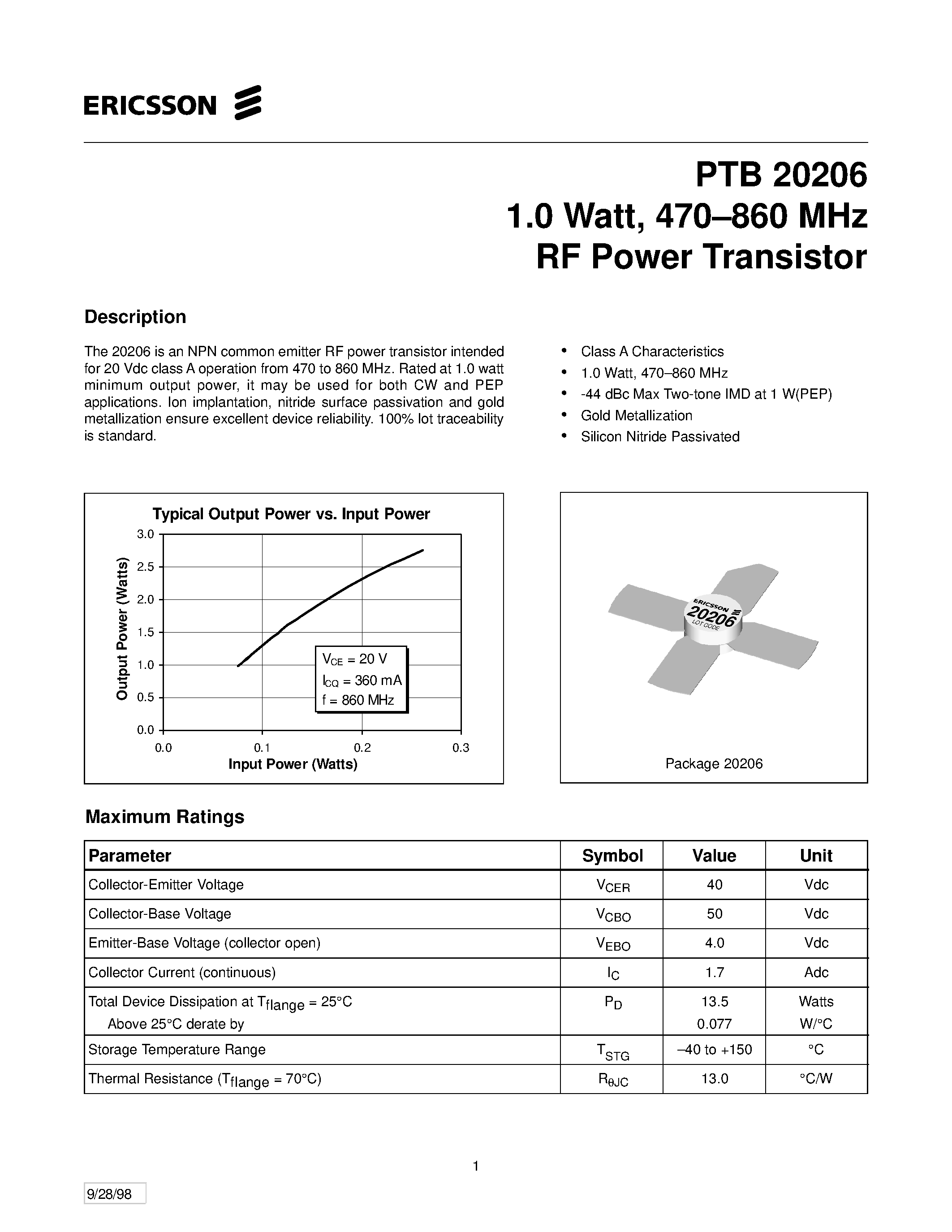 Datasheet PTB20206 - 1.0 Watt/ 470-860 MHz RF Power Transistor page 1