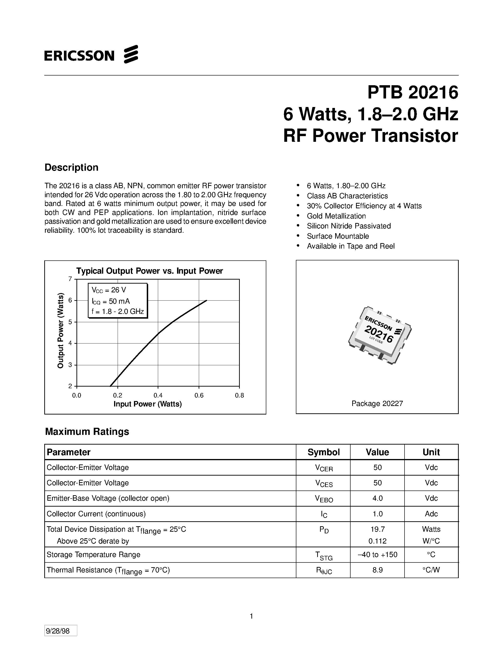 Datasheet PTB20216 page 1 Datasheet PTB20216 - 6 Watts/ 1.8-2.0 GHz RF Power Transistor page 1