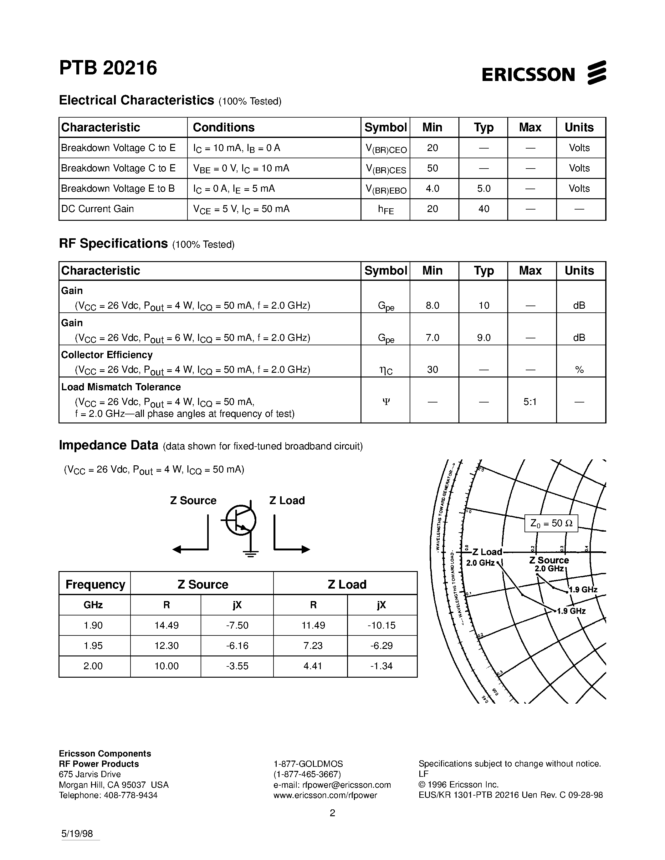 Datasheet PTB20216 page 2 Datasheet PTB20216 - 6 Watts/ 1.8-2.0 GHz RF Power Transistor page 2
