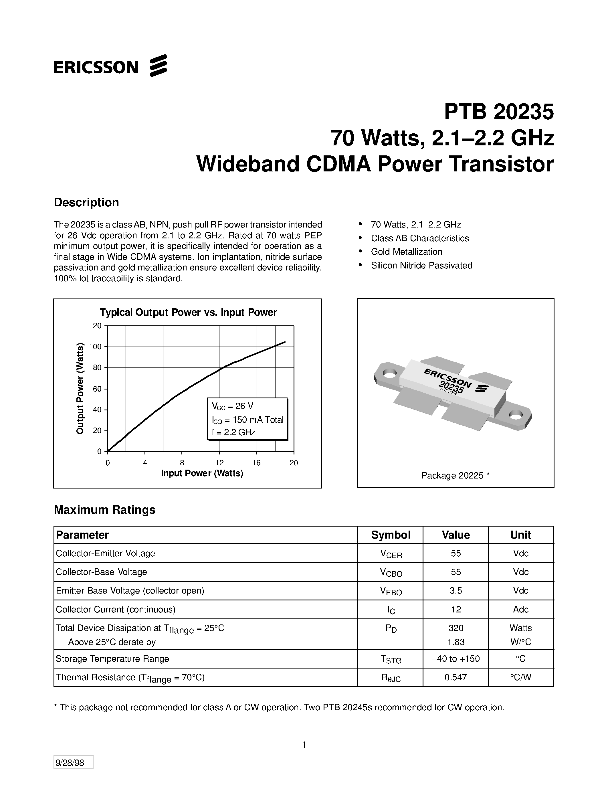 Datasheet PTB20235 page 1 Datasheet PTB20235 - 70 Watts/ 2.1-2.2 GHz Wideband CDMA Power Transistor page 1