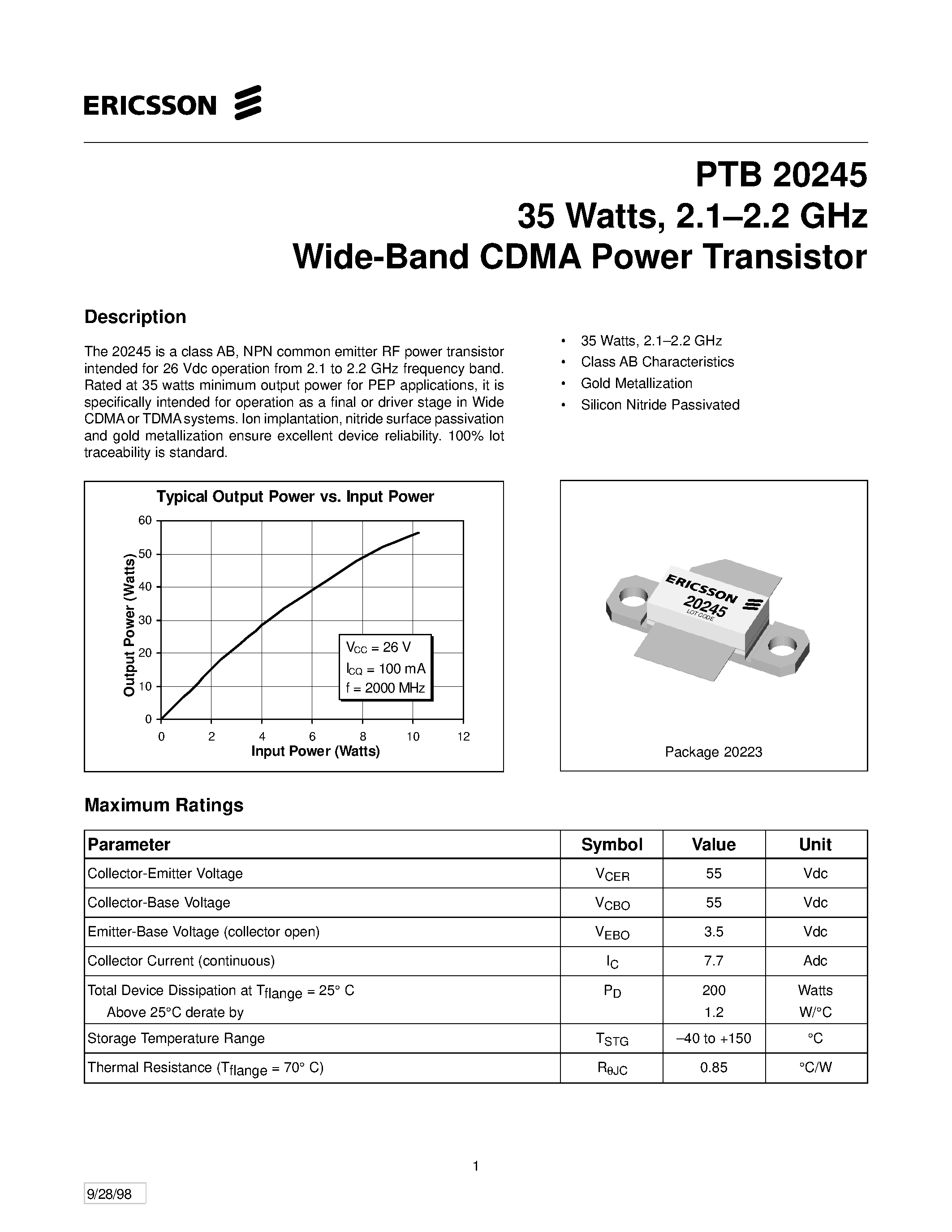 Datasheet PTB20245 - 35 Watts/ 2.1-2.2 GHz Wide-Band CDMA Power Transistor page 1