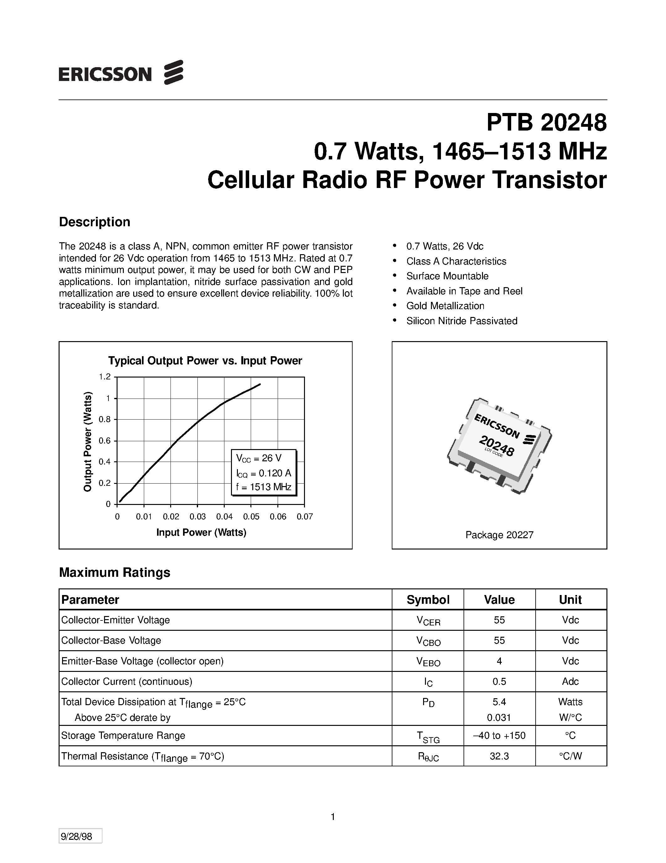 Даташит на микросхему PTB20248 страница 1 Даташит PTB20248 - 0.7 Watts/ 1465-1513 MHz Cellular Radio RF Power Transistor страница 1
