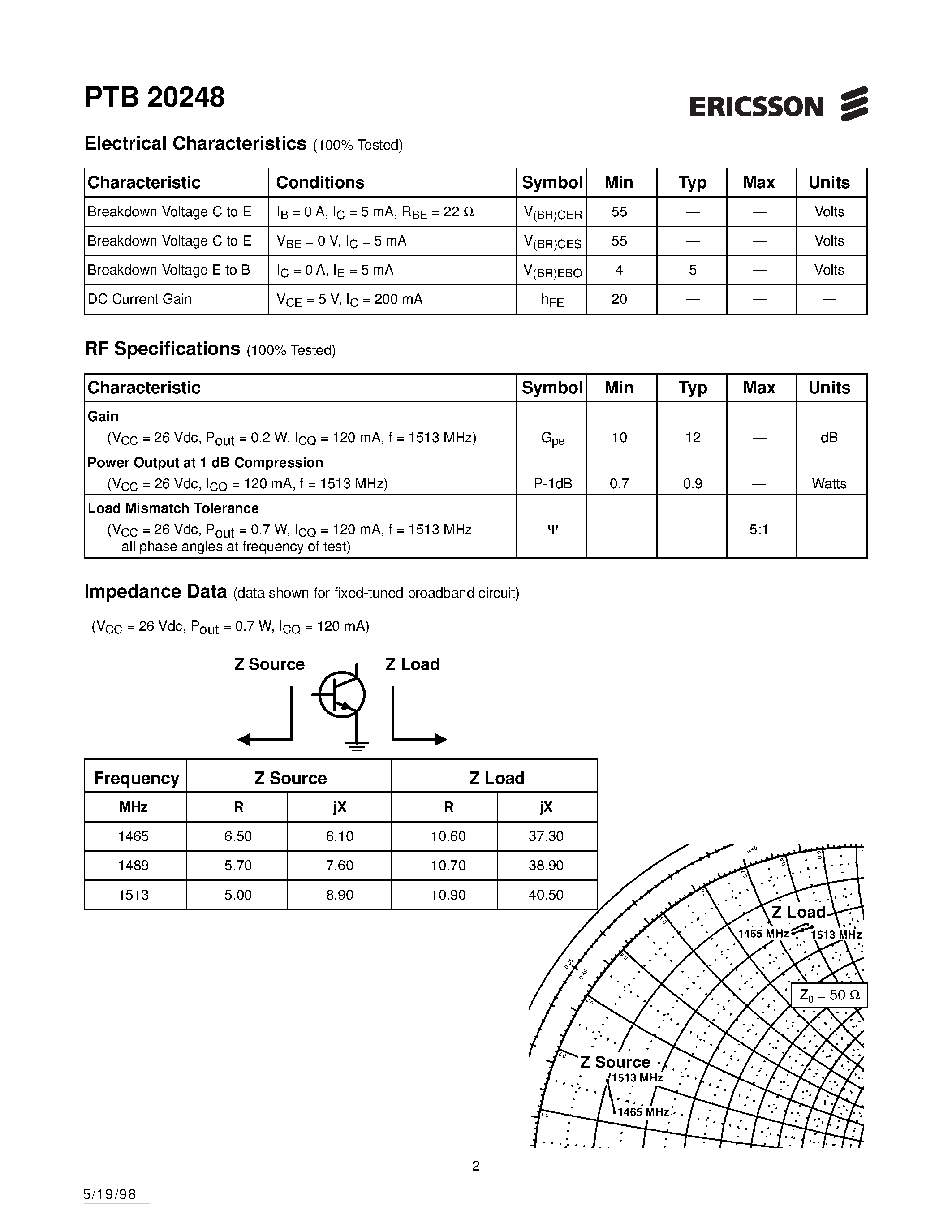 Даташит на микросхему PTB20248 страница 2 Даташит PTB20248 - 0.7 Watts/ 1465-1513 MHz Cellular Radio RF Power Transistor страница 2