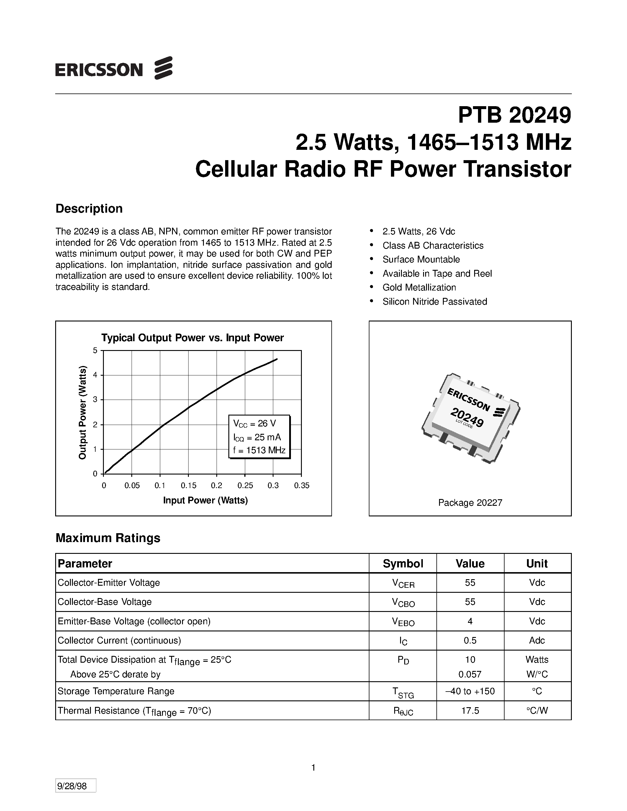 Datasheet PTB20249 page 1 Datasheet PTB20249 - 2.5 Watts/ 1465-1513 MHz Cellular Radio RF Power Transistor page 1