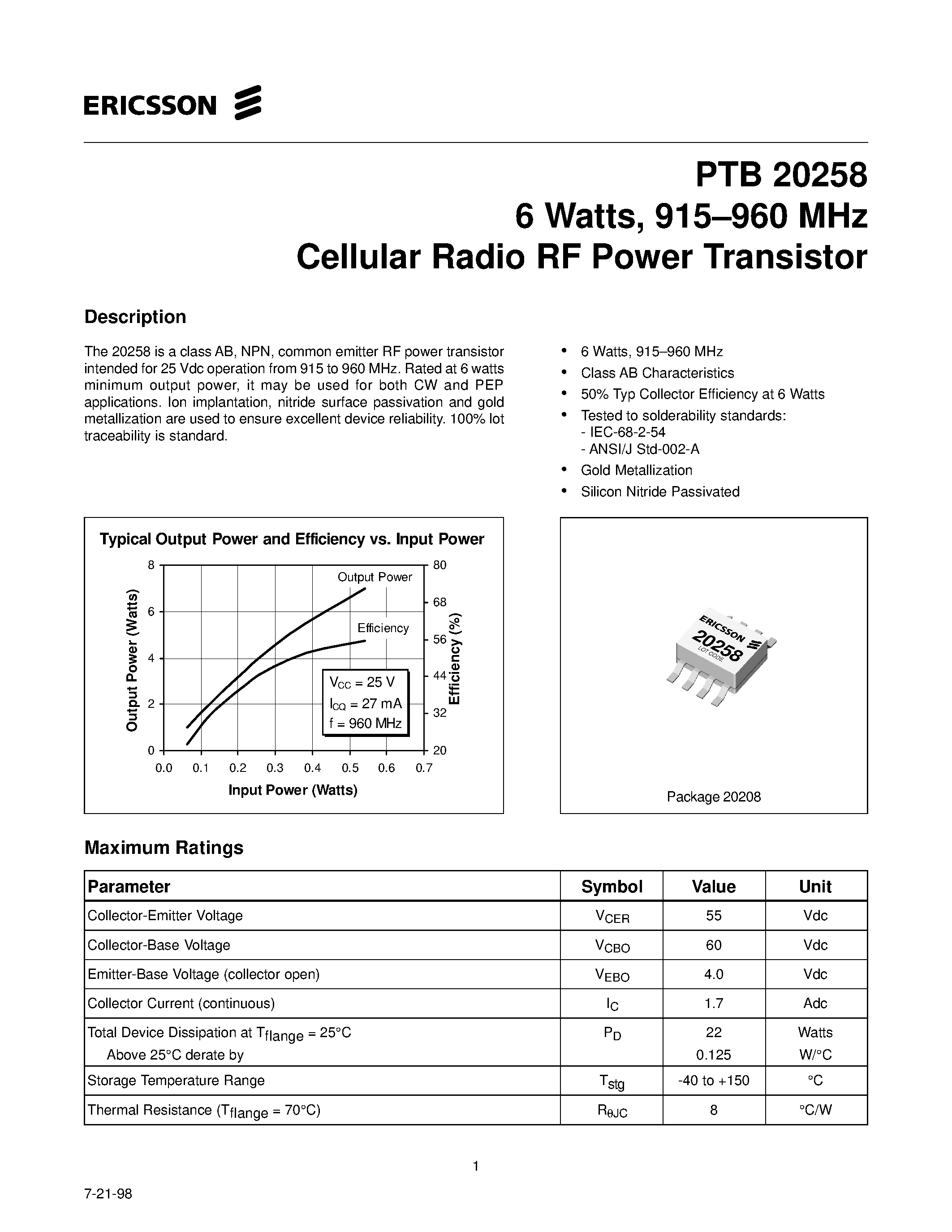 Datasheet PTB20258 - 6 Watts/ 915-960 MHz Cellular Radio RF Power Transistor page 1