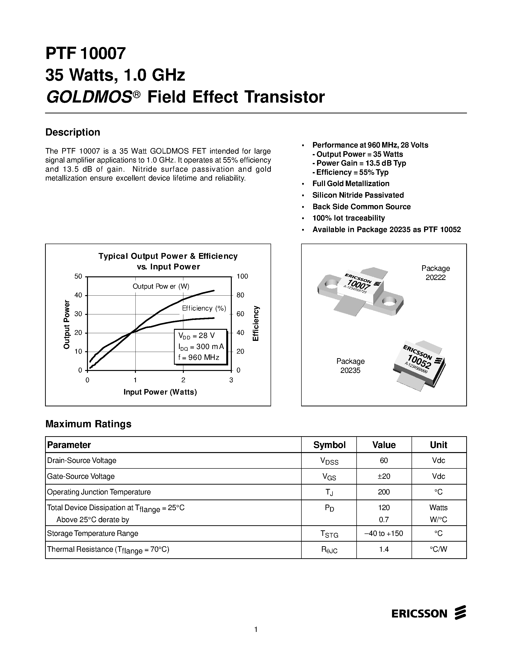 Datasheet PTF10007 page 1 Datasheet PTF10007 - 35 Watts/ 1.0 GHz GOLDMOS Field Effect Transistor page 1