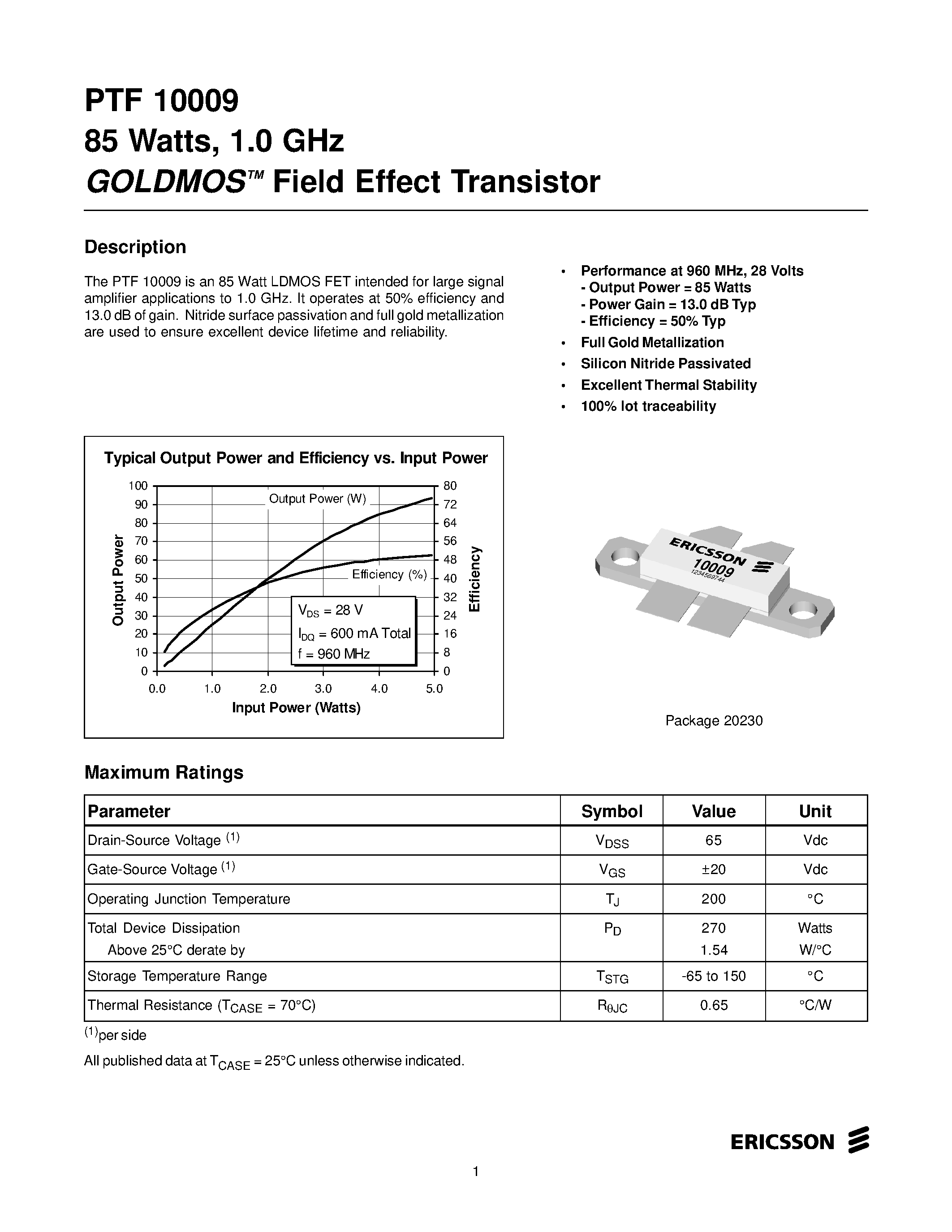 Datasheet PTF10009 page 1 Datasheet PTF10009 - 85 Watts/ 1.0 GHz GOLDMOS Field Effect Transistor page 1