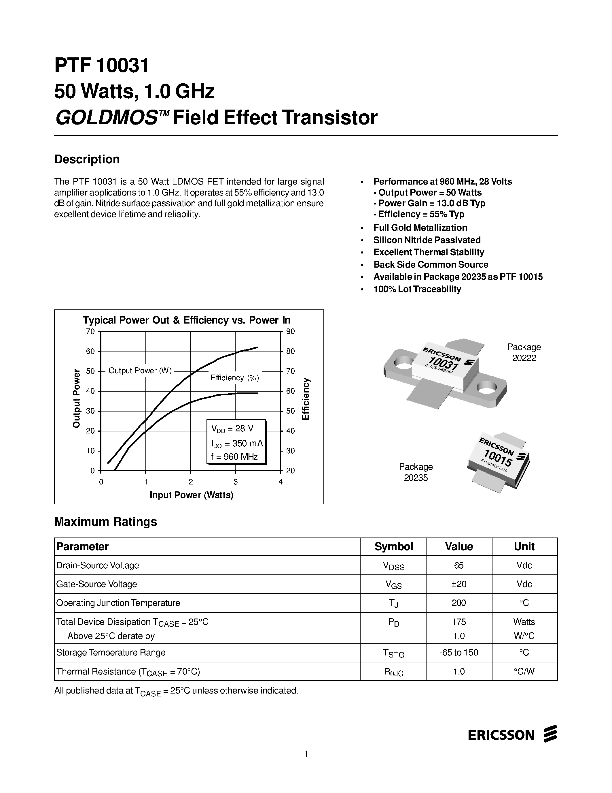 Datasheet PTF10031 - 50 Watts/ 1.0 GHz GOLDMOS Field Effect Transistor page 1