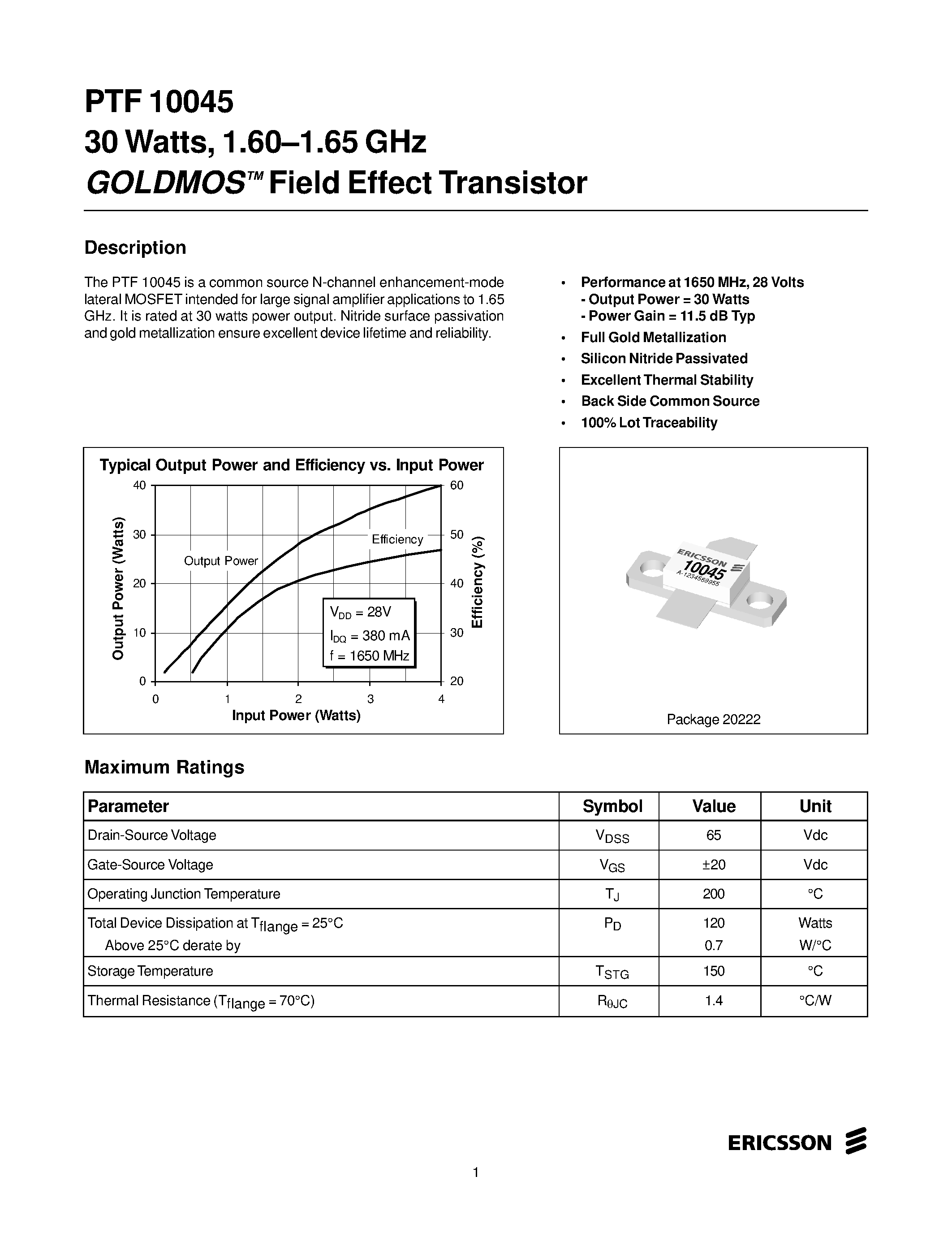 Даташит PTF10045 - 30 Watts/ 1.60-1.65 GHz GOLDMOS Field Effect Transistor страница 1