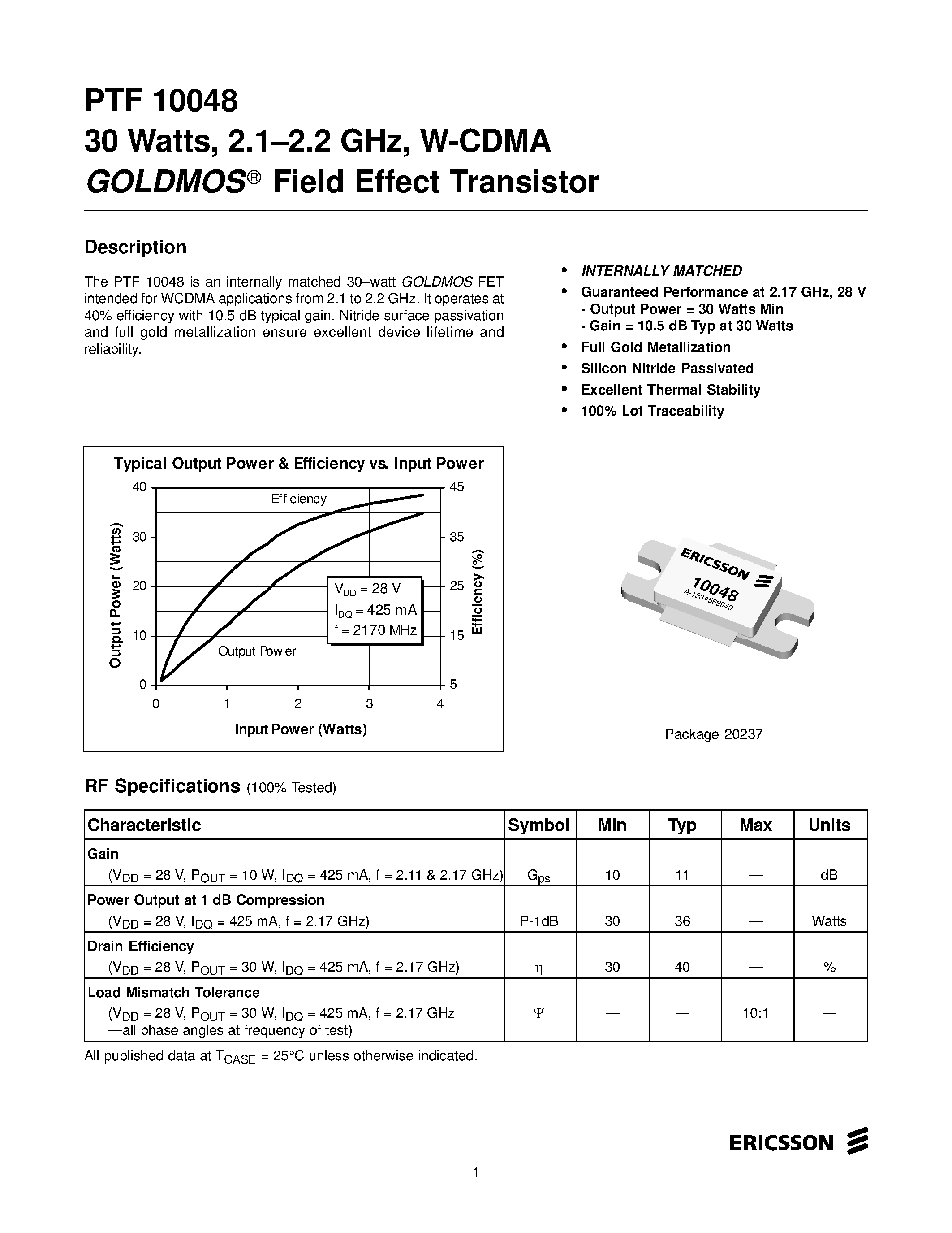 Даташит PTF10048 - 30 Watts/ 2.1-2.2 GHz/ W-CDMA GOLDMOS Field Effect Transistor страница 1