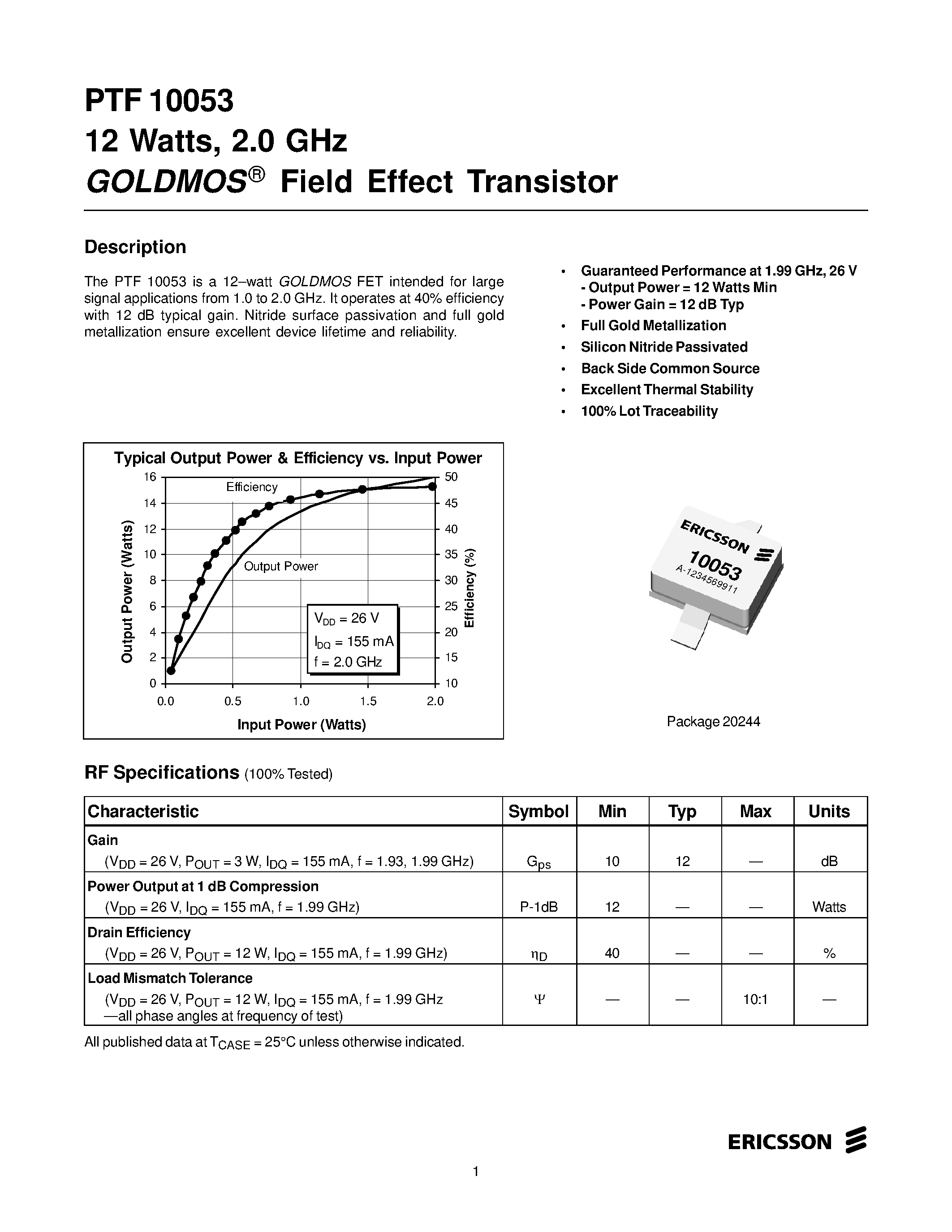Datasheet PTF10053 page 1 Datasheet PTF10053 - 12 Watts/ 2.0 GHz GOLDMOS Field Effect Transistor page 1