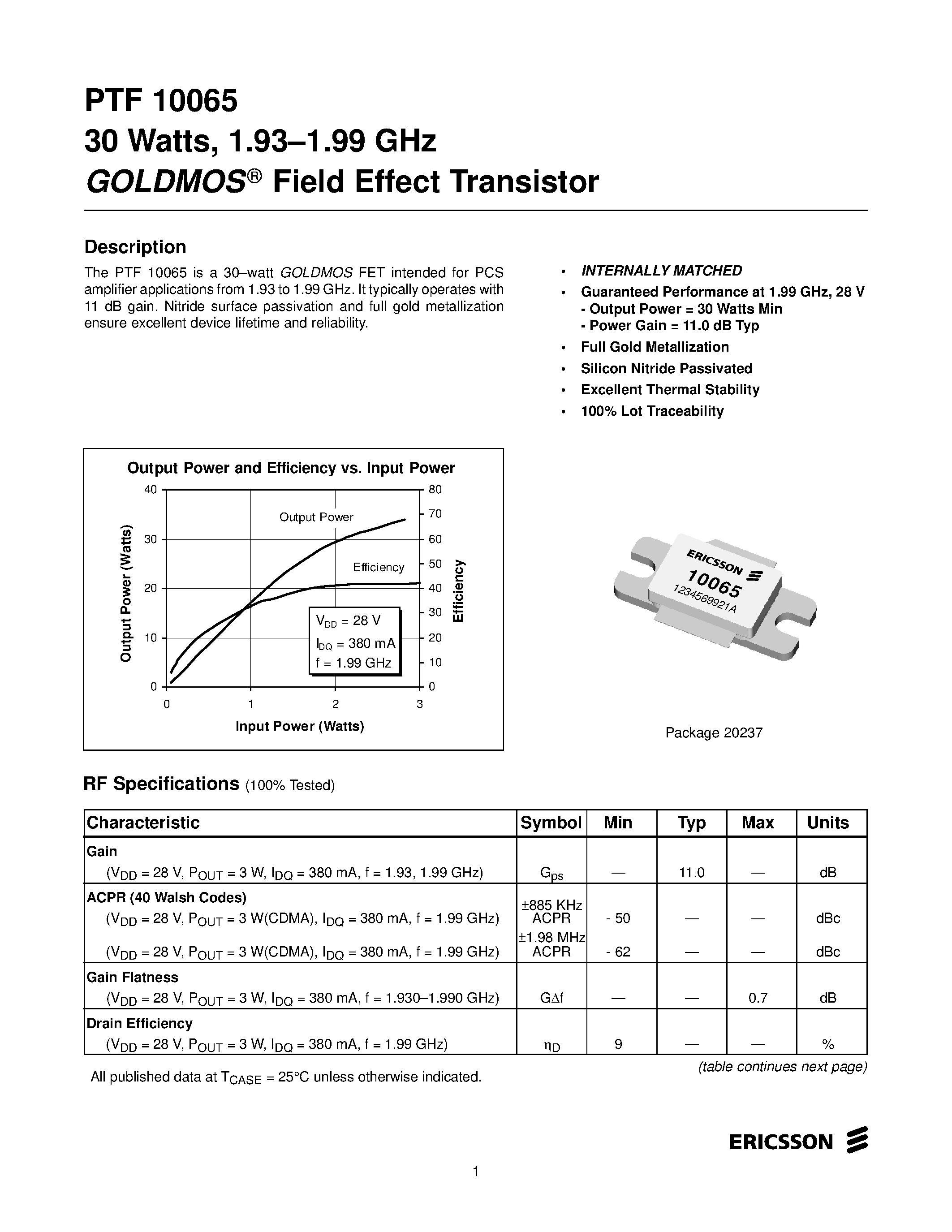 Даташит PTF10065 - 30 Watts/ 1.93-1.99 GHz GOLDMOS Field Effect Transistor страница 1
