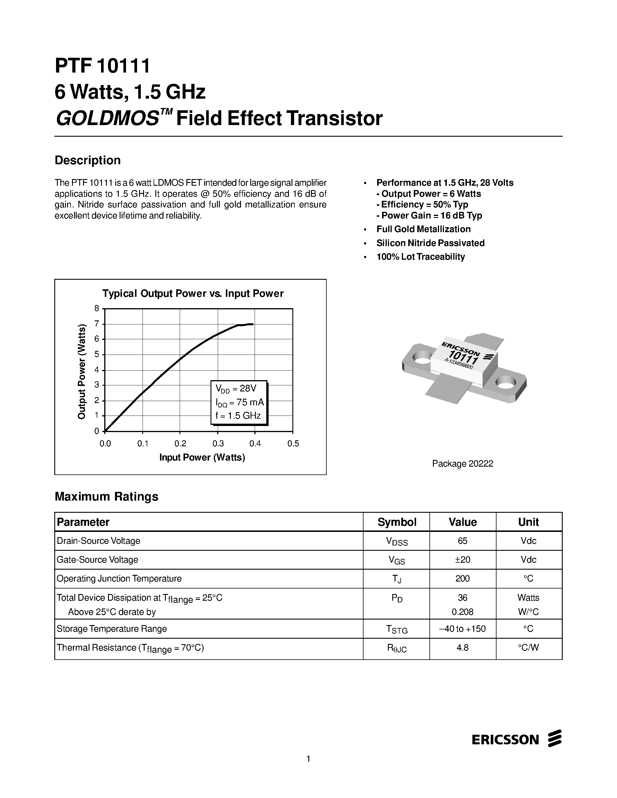 Datasheet PTF10111 - 6 Watts/ 1.5 GHz GOLDMOS Field Effect Transistor page 1