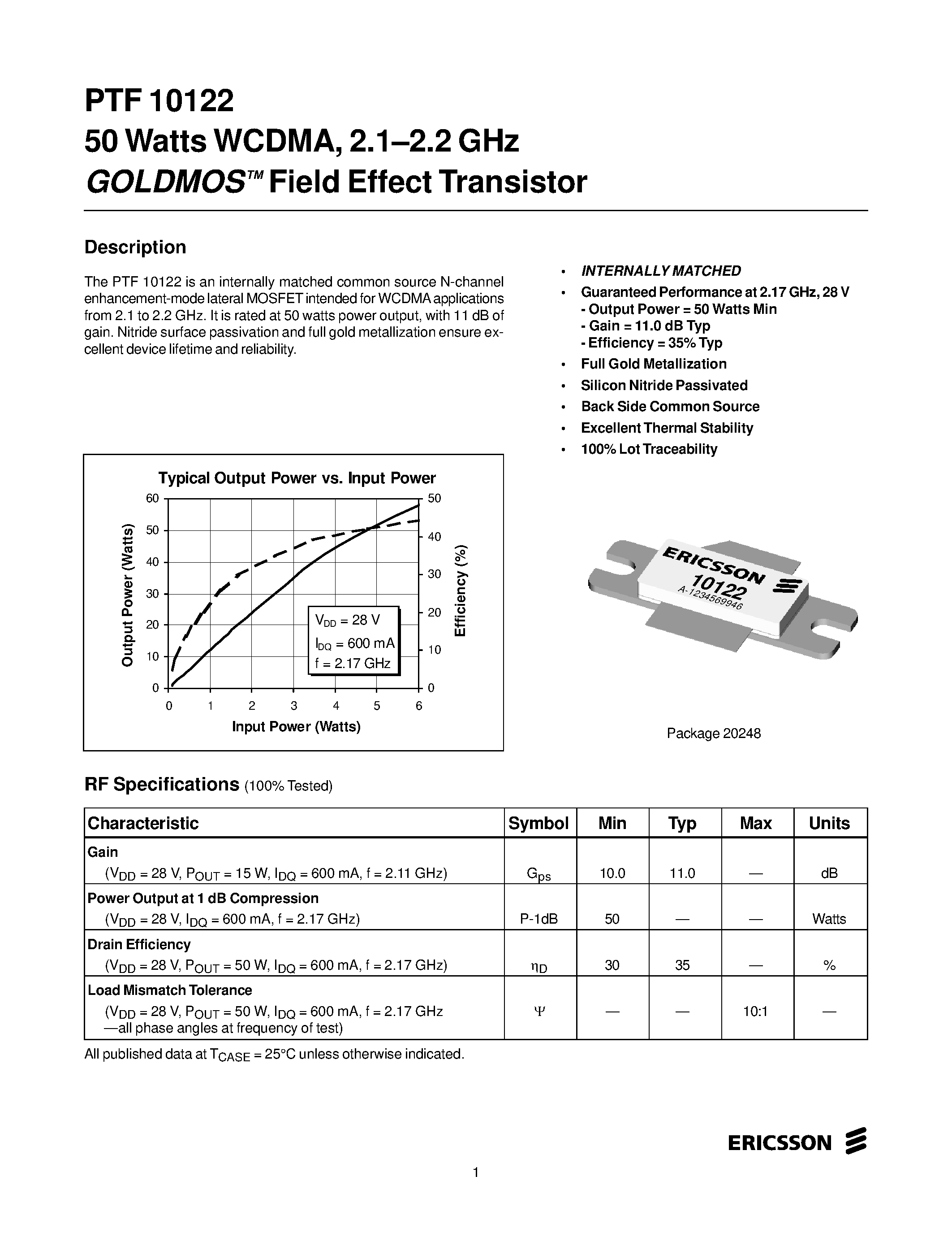 Datasheet PTF10122 - 50 Watts WCDMA/ 2.1-2.2 GHz GOLDMOS Field Effect Transistor page 1