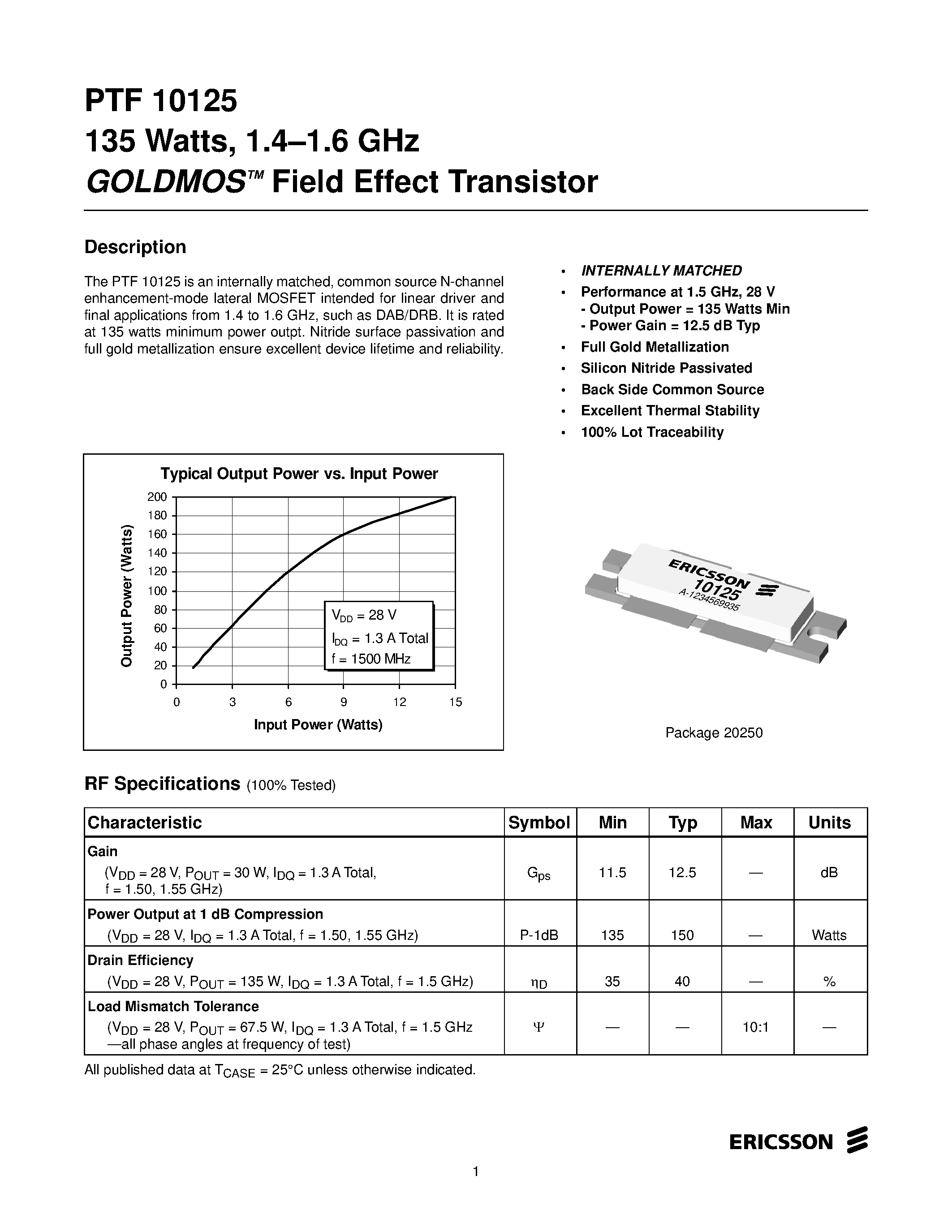 Datasheet PTF10125 - 135 Watts/ 1.4-1.6 GHz GOLDMOS Field Effect Transistor page 1