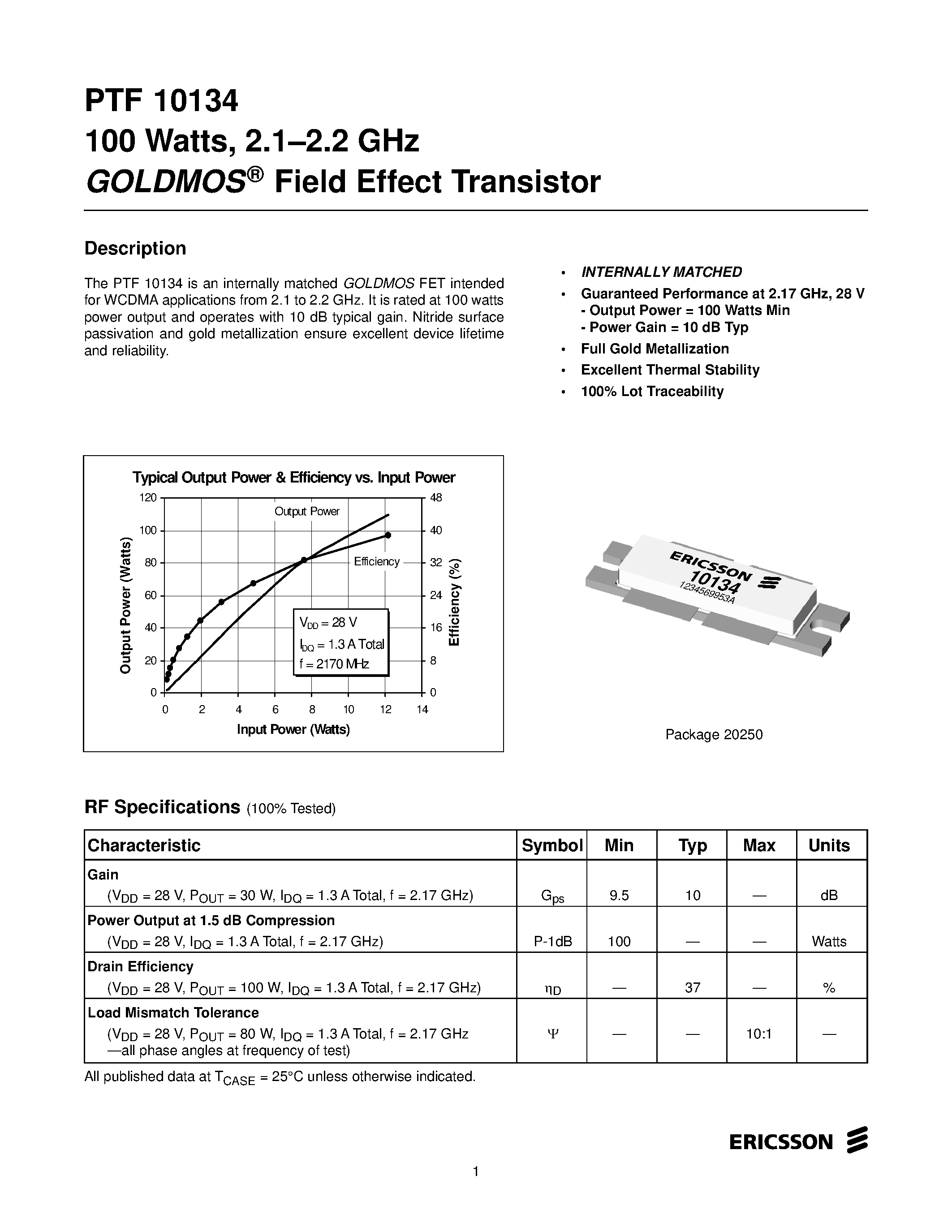 Datasheet PTF10134 page 1 Datasheet PTF10134 - 100 Watts/ 2.1-2.2 GHz GOLDMOS Field Effect Transistor page 1