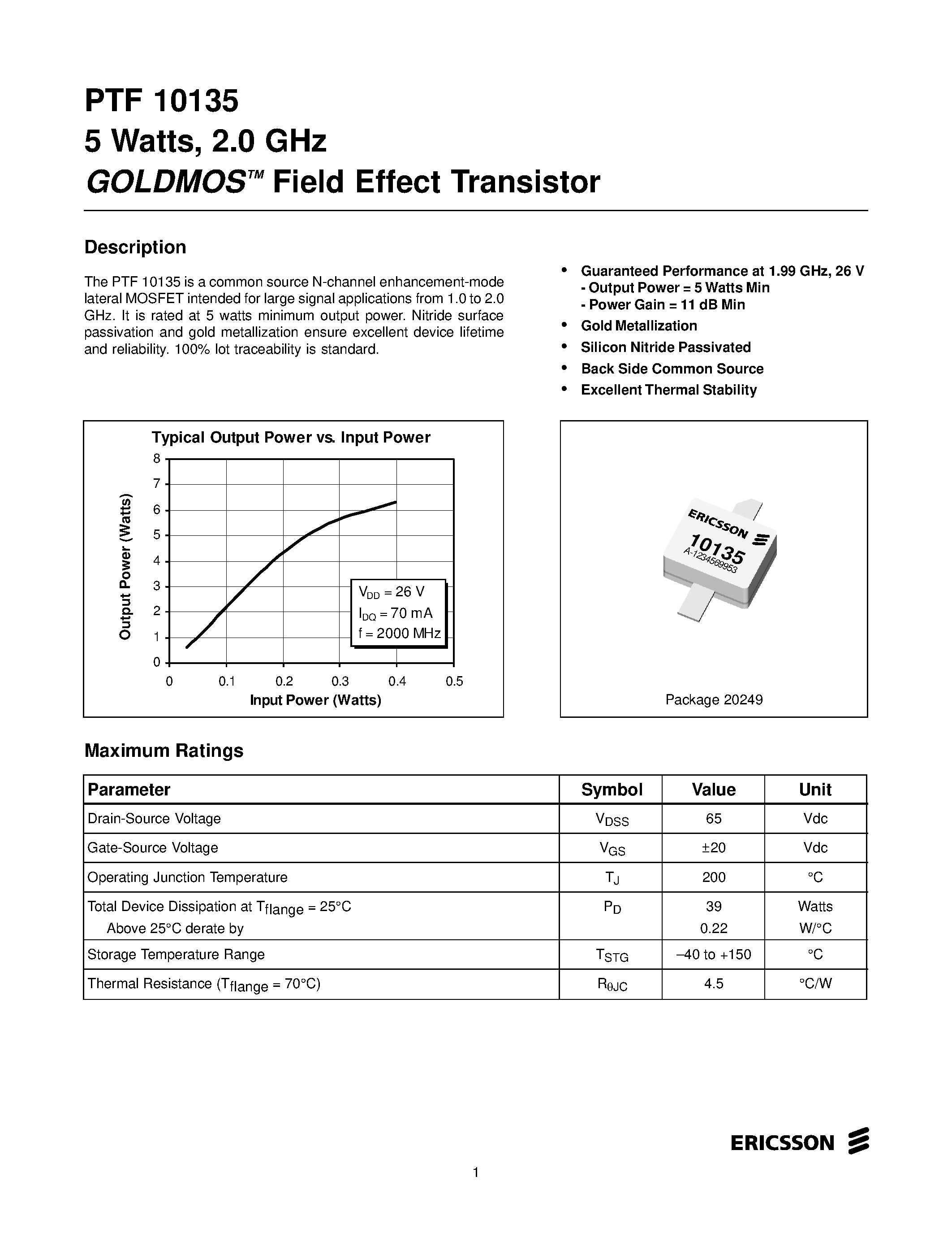 Datasheet PTF10135 page 1 Datasheet PTF10135 - 5 Watts/ 2.0 GHz GOLDMOS Field Effect Transistor page 1