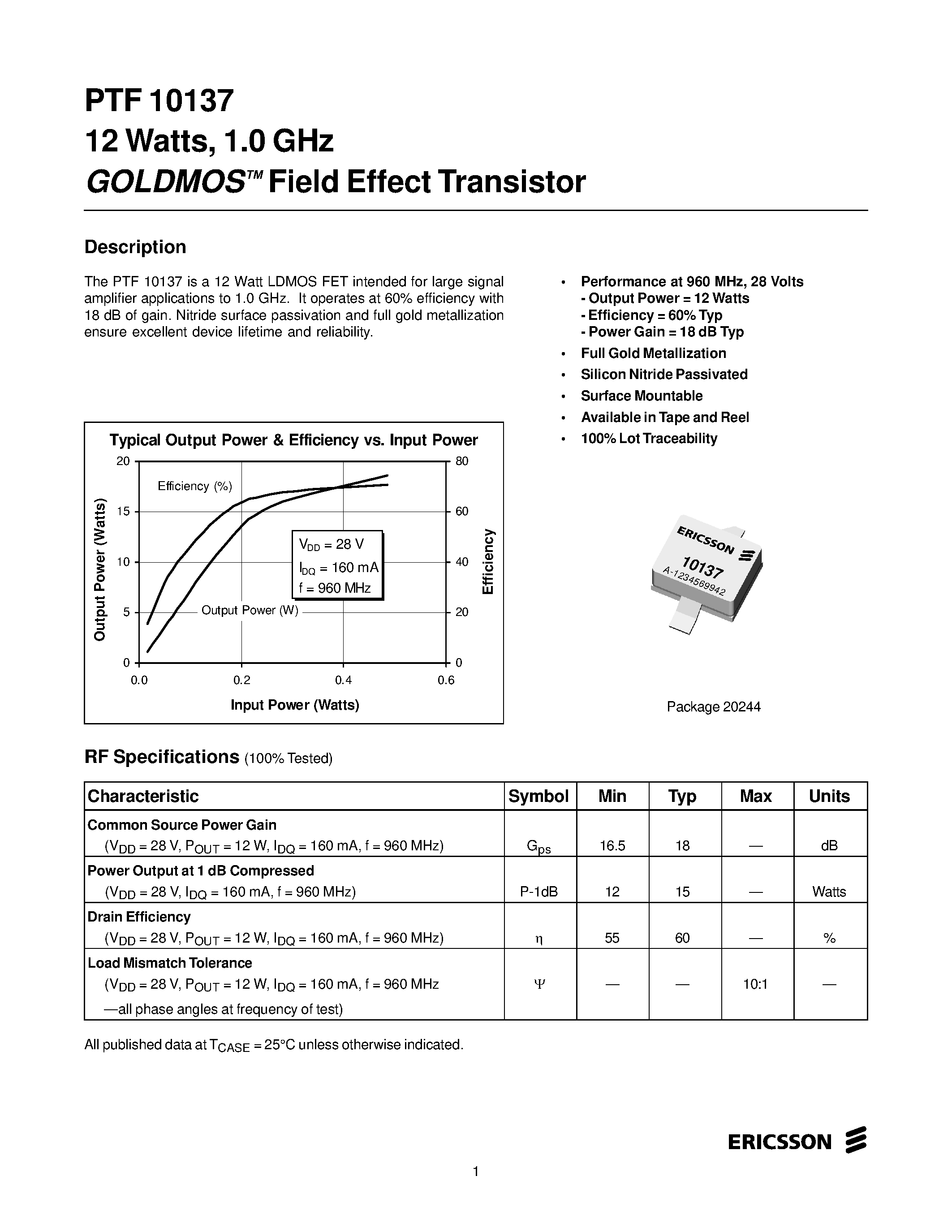 Datasheet PTF10137 - 12 Watts/ 1.0 GHz GOLDMOS Field Effect Transistor page 1
