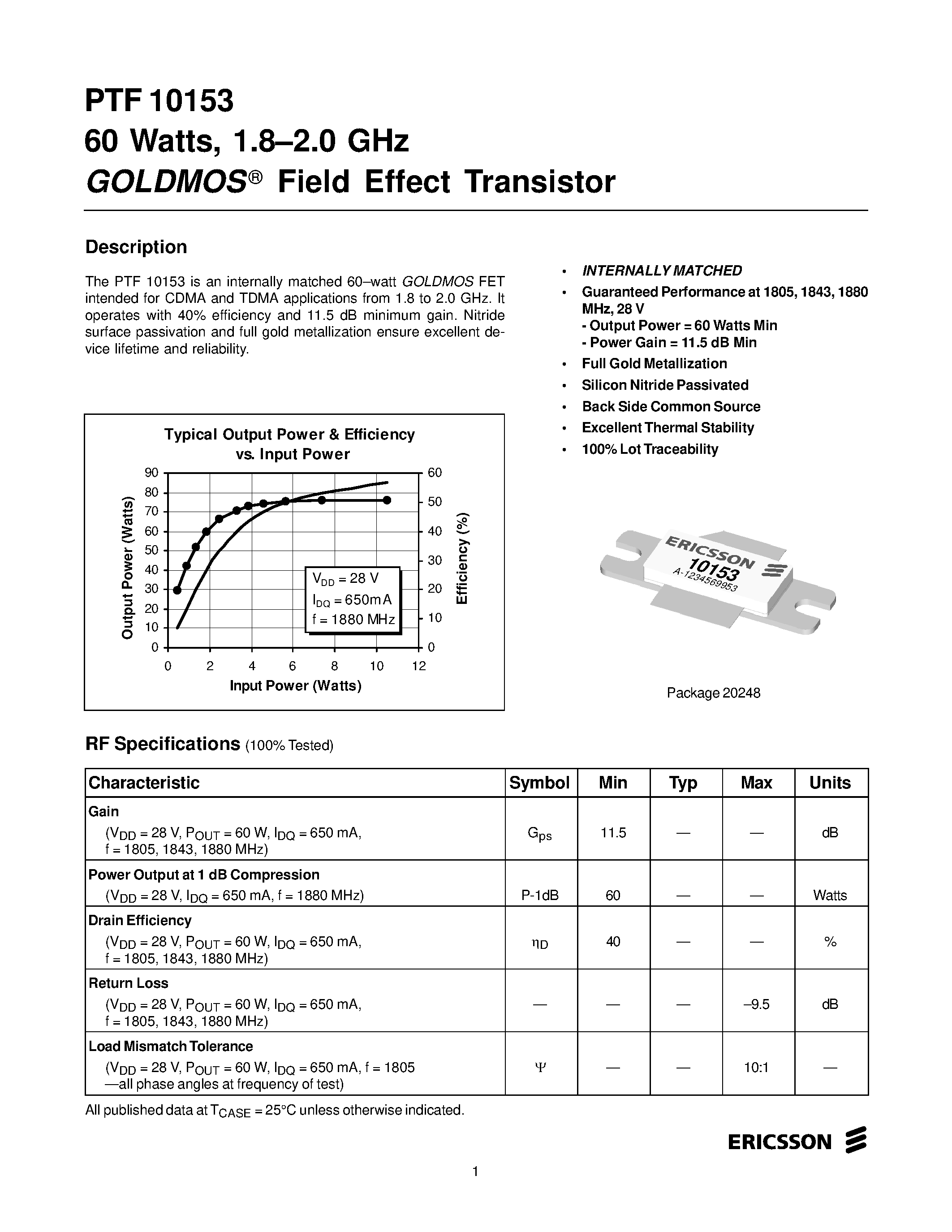 Datasheet PTF10153 page 1 Datasheet PTF10153 - 60 Watts/ 1.8-2.0 GHz GOLDMOS Field Effect Transistor page 1