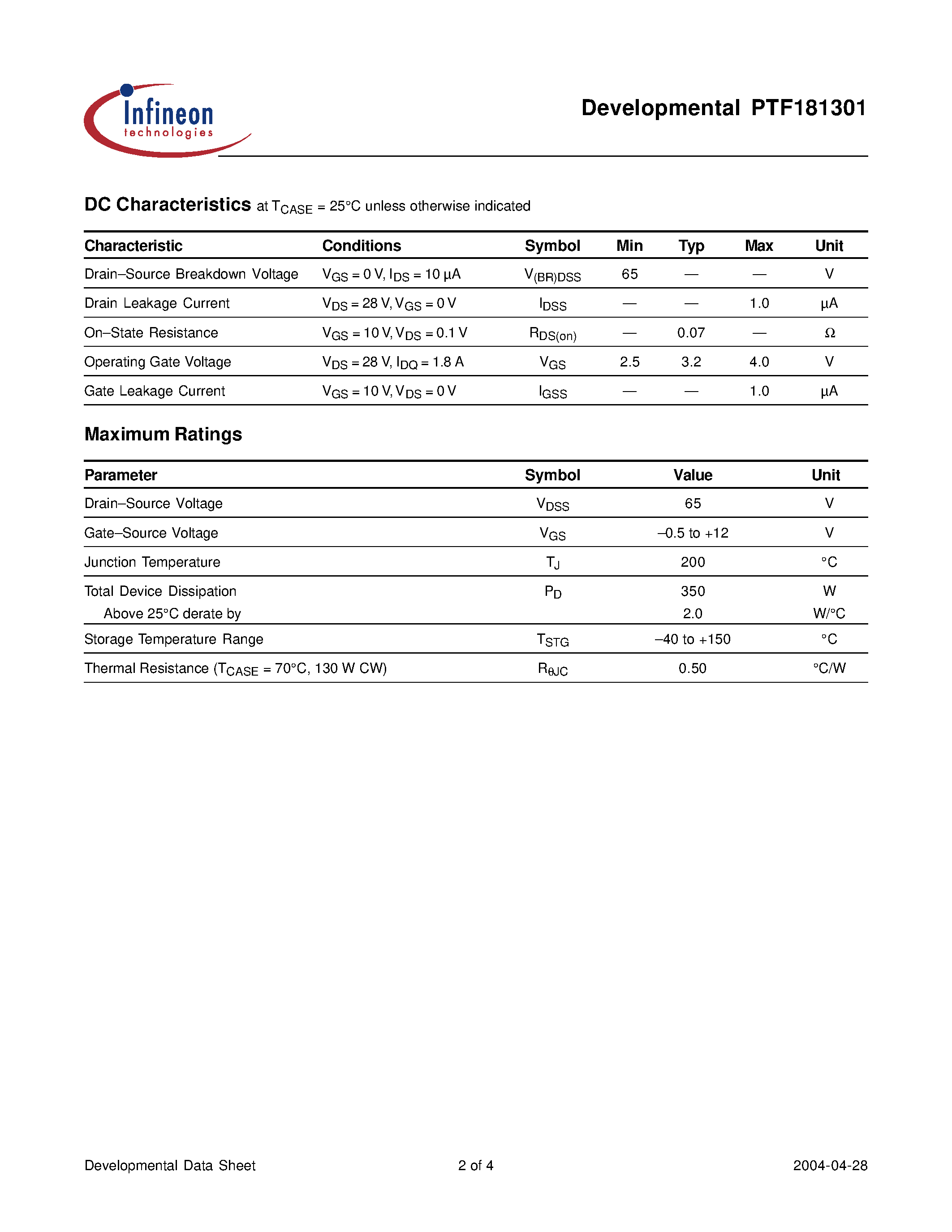 Даташит на микросхему PTF181301A страница 2 Даташит PTF181301A - LDMOS RF Power Field Effect Transistor 130 W/ 1805-1880 MHz страница 2