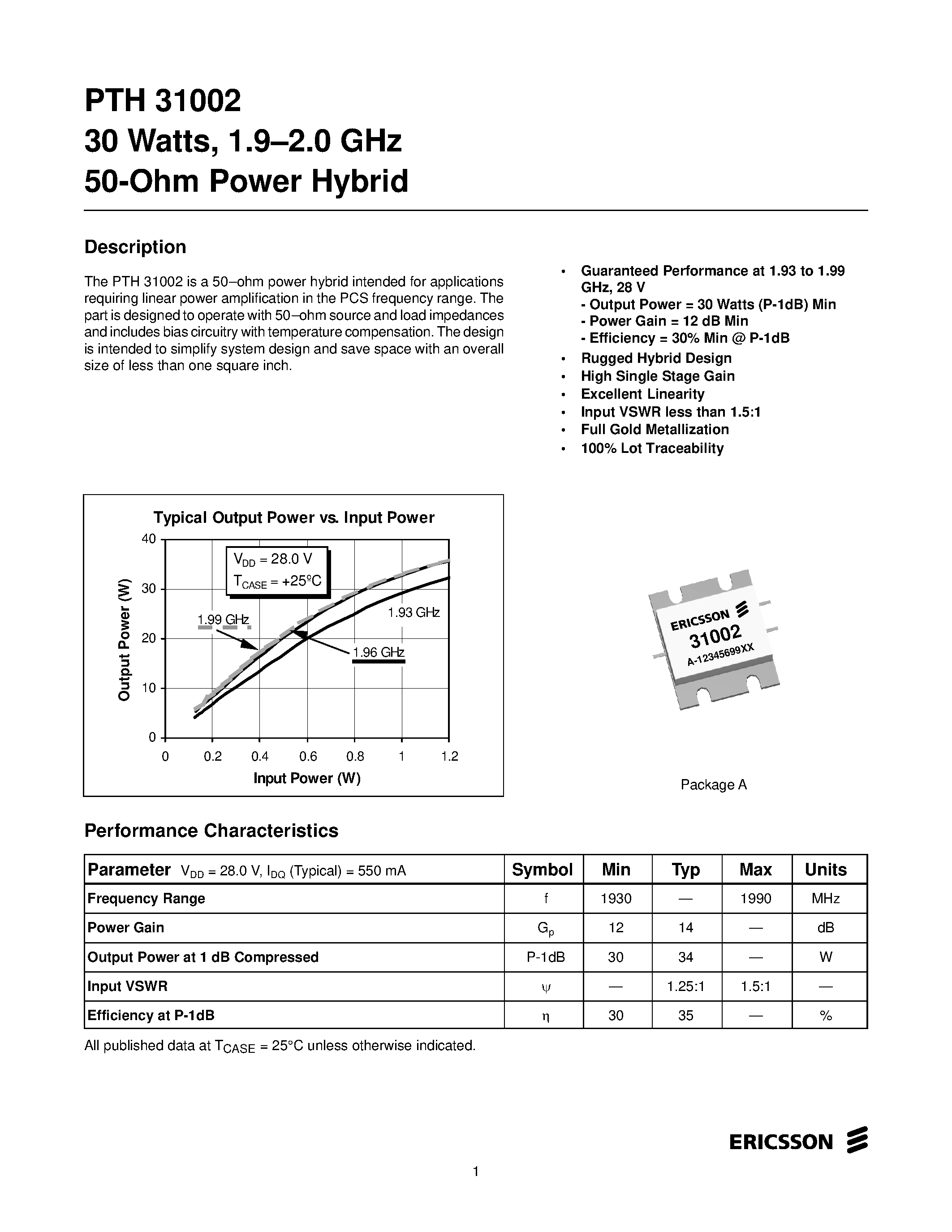 Datasheet PTH31002 - 30 Watts/ 1.9-2.0 GHz 50-Ohm Power Hybrid page 1