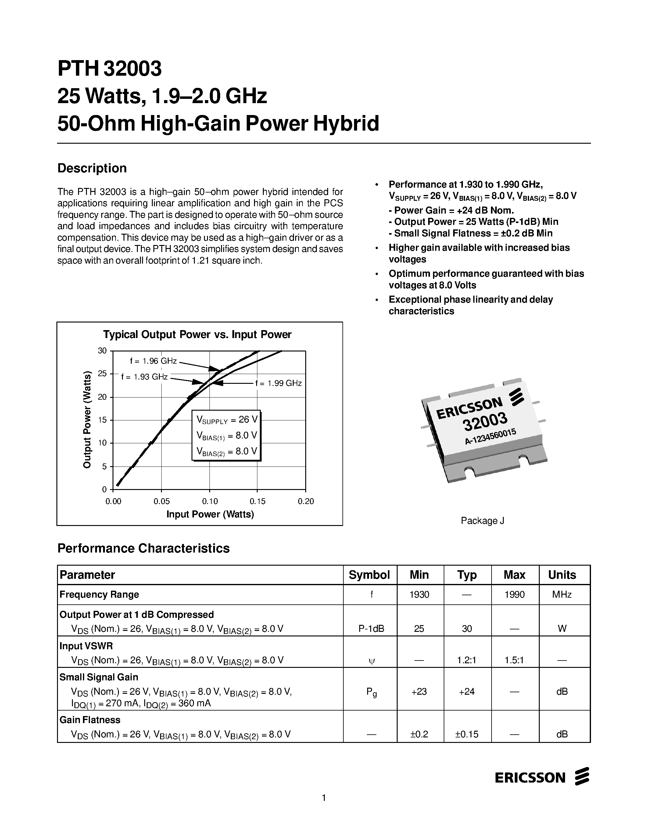 Datasheet PTH32003 - 25 Watts/ 1.9-2.0 GHz 50-Ohm High-Gain Power Hybrid page 1