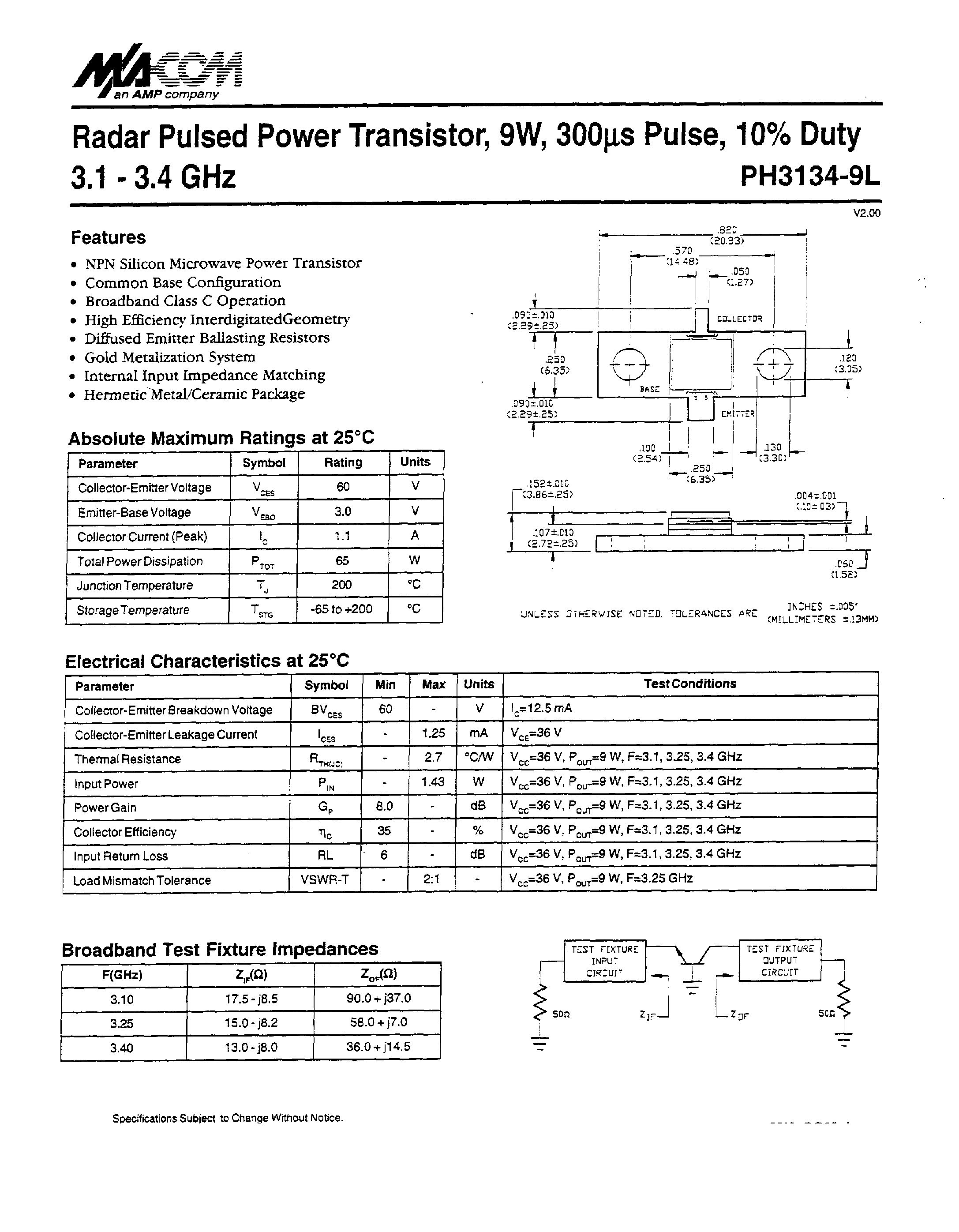 Datasheet PTI3134-9L - Radar Pulsed Power Transistor/ SW/ 300ms Pulse/ 10% Duty 3.1 - 3.4 GHz page 1