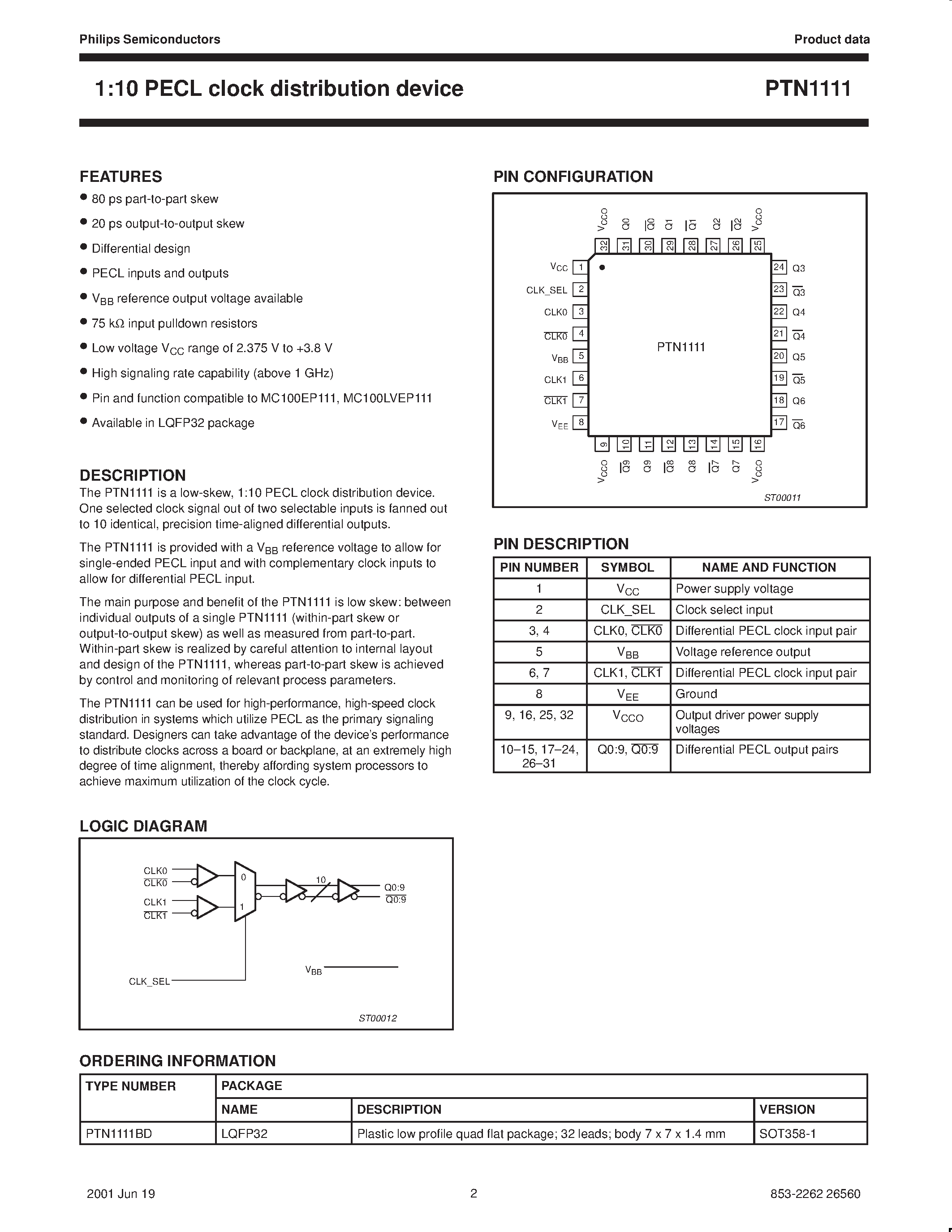 Datasheet PTN1111BD - 1:10 PECL clock distribution device page 2