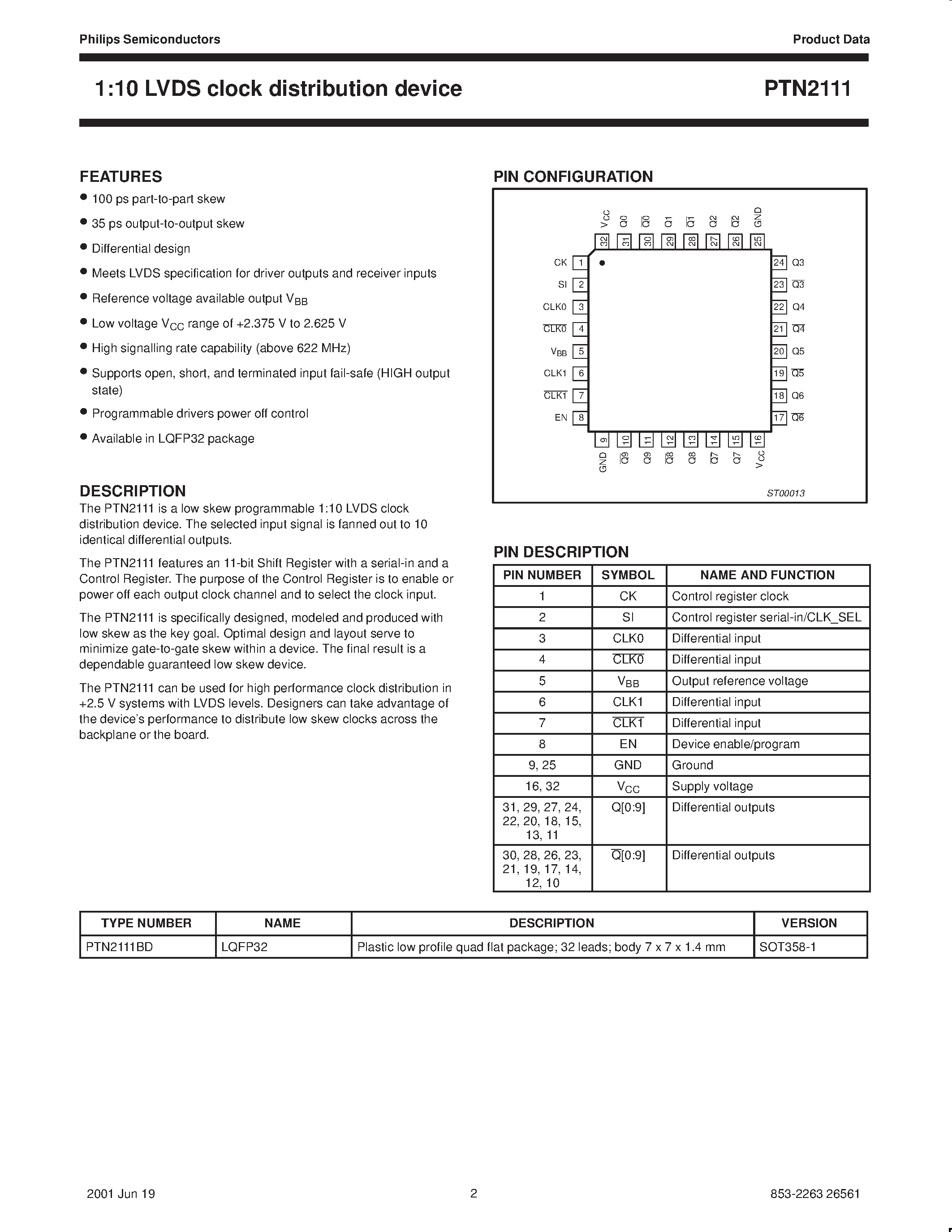 Datasheet PTN2111BD - 1:10 LVDS clock distribution device page 2