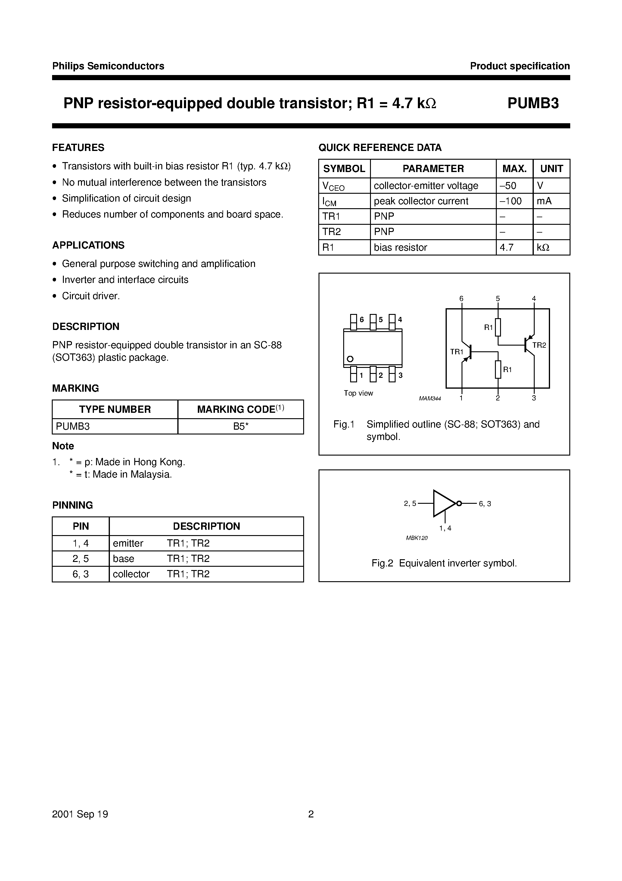 Даташит на микросхему PUMB3 страница 2 Даташит PUMB3 - PNP resistor-equipped double transistor; R1 = 4.7 kohm страница 2