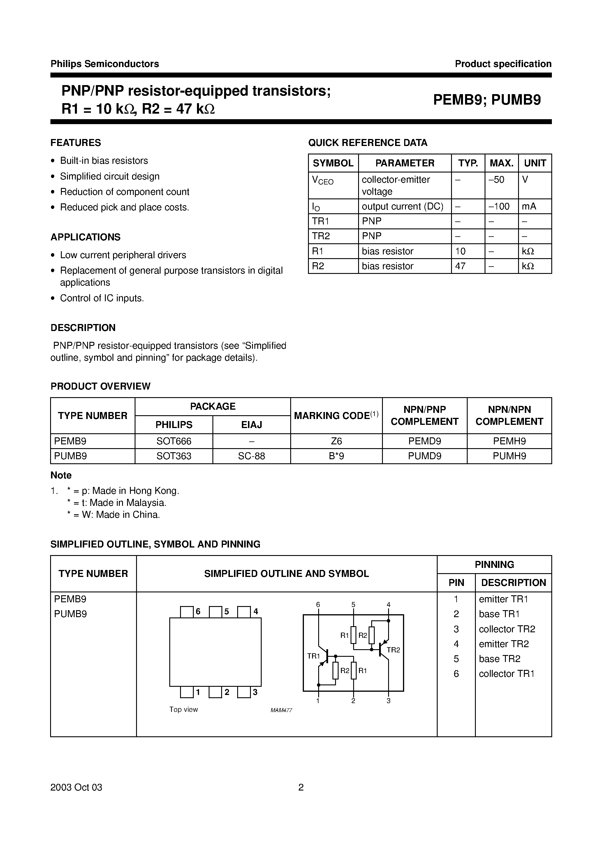 Datasheet PUMB9 - PNP/PNP resistor-equipped transistors; R1 = 10 kW/ R2 = 47 kW page 2