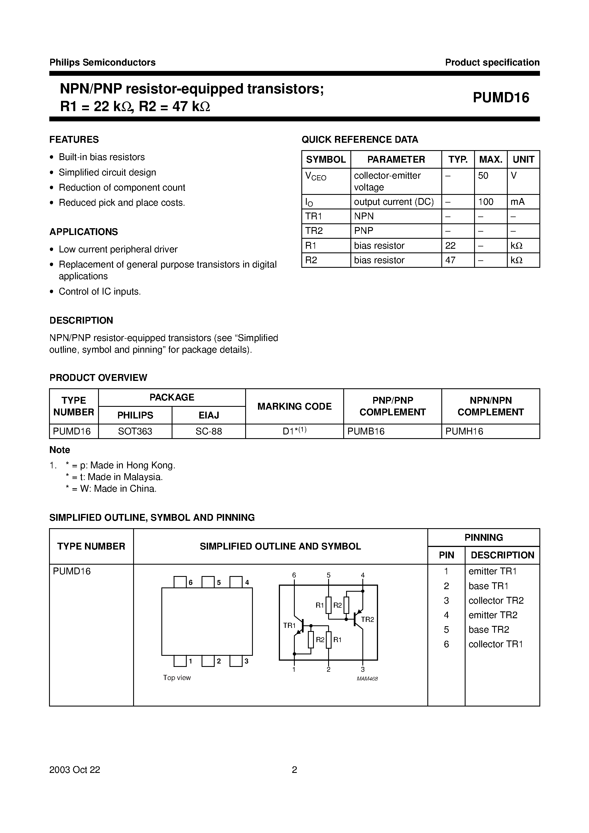 Datasheet PUMD16 - NPN/PNP resistor-equipped transistors page 2