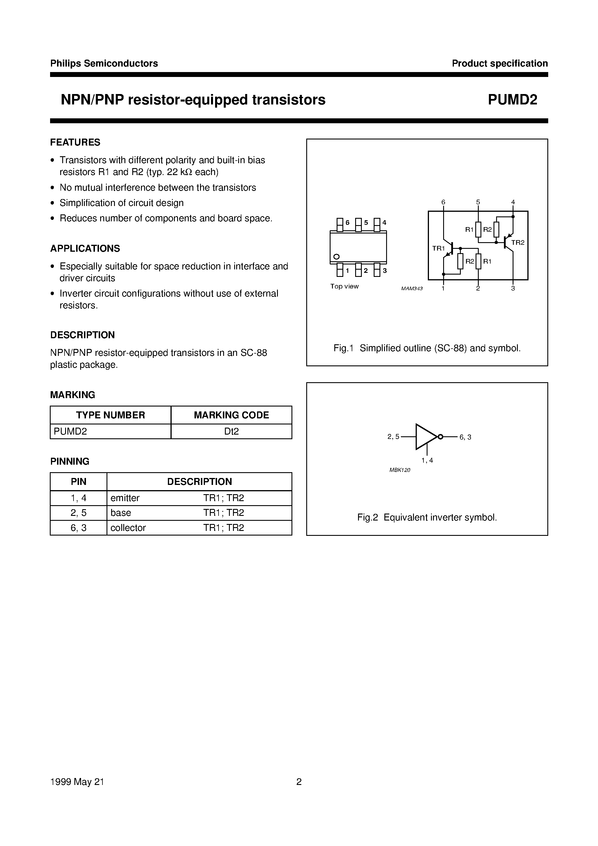 Datasheet PUMD2 - NPN/PNP resistor-equipped transistors page 2