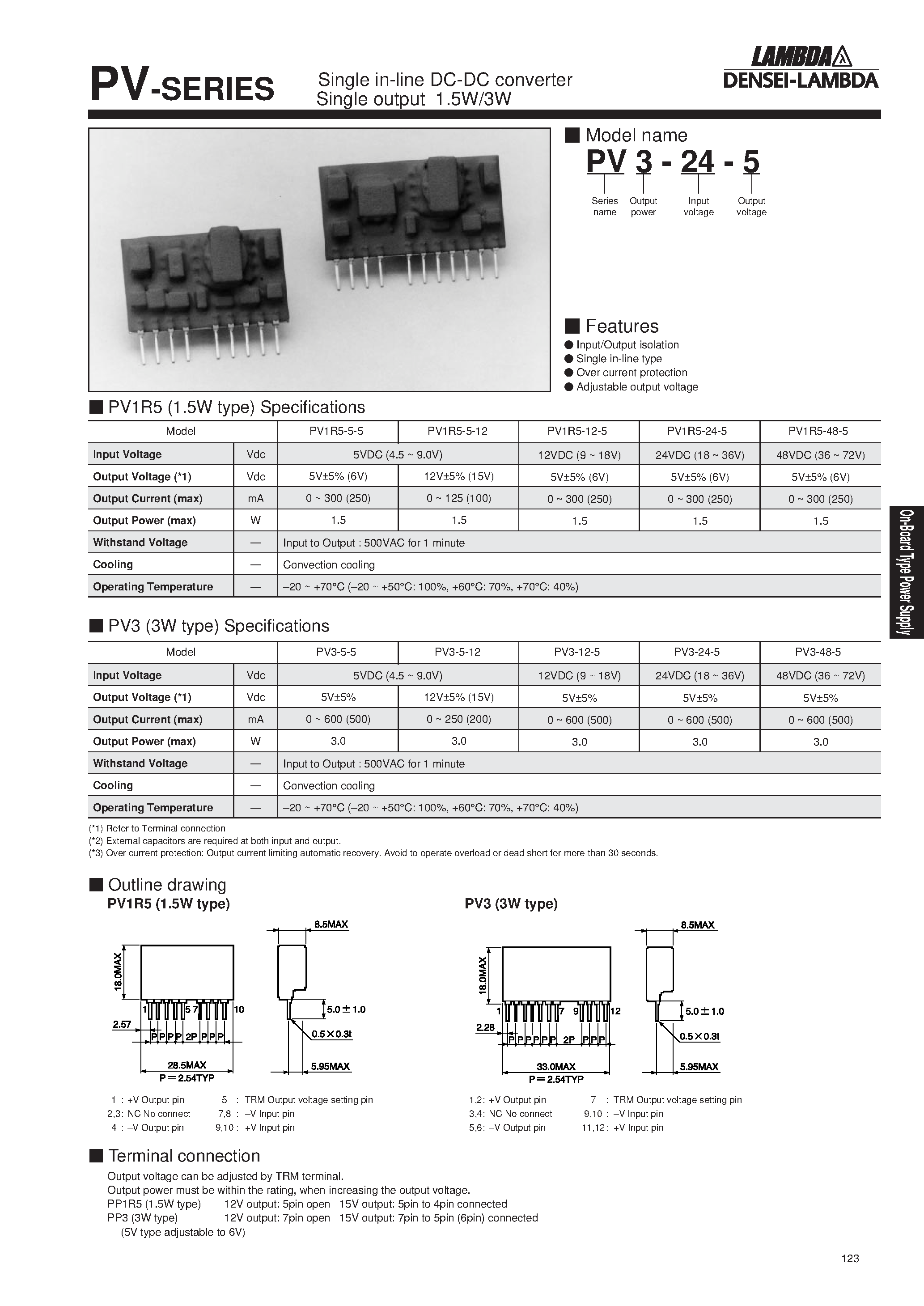 Datasheet PV1R5-12-5 - Single in-line DC-DC converter Single output 1.5W/3W page 1