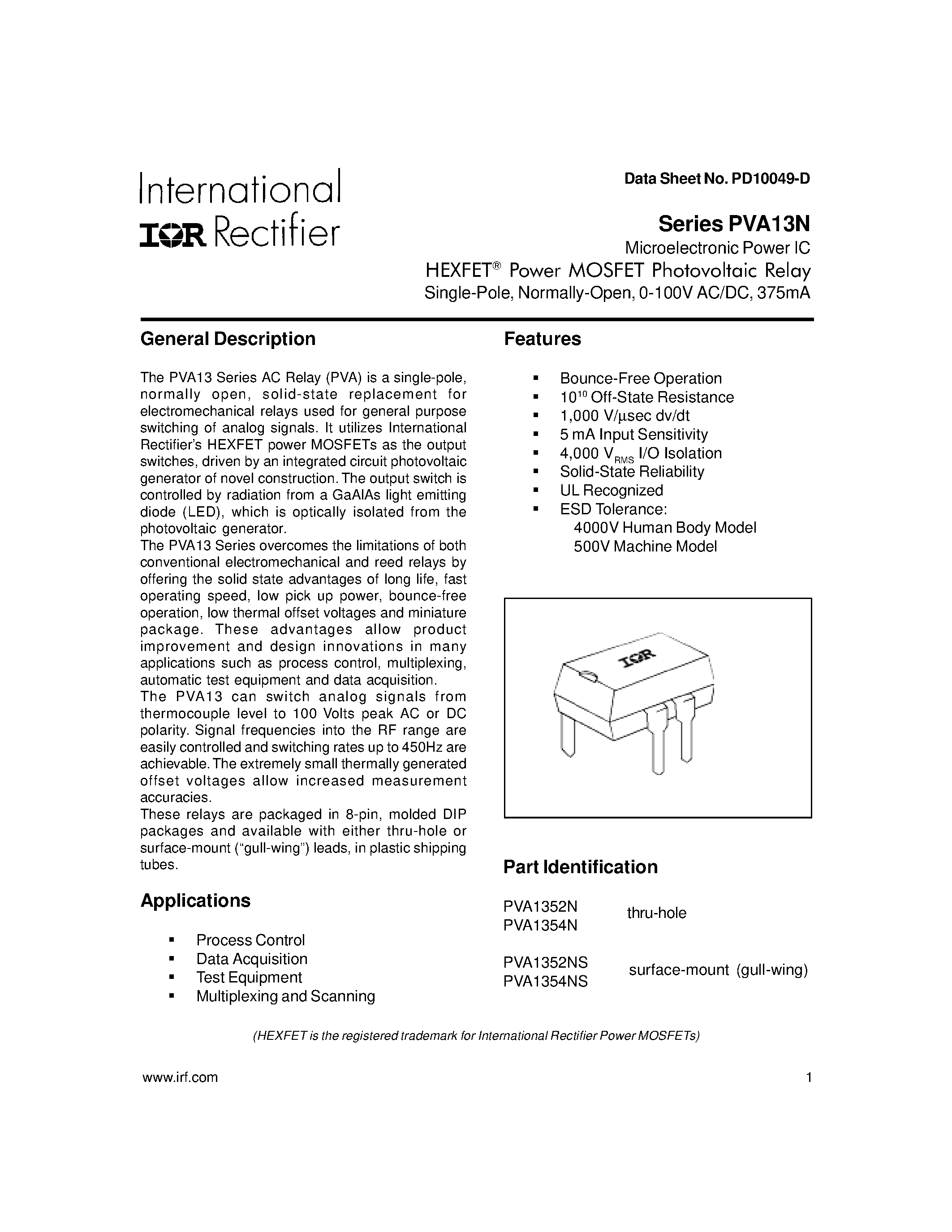 Datasheet PVA1352N - POWER MOSFET PHOTOVOLTAIC RELAY SINGLE POLE NORMALLY-OPEN 0-100V AC/DC 375MA page 1