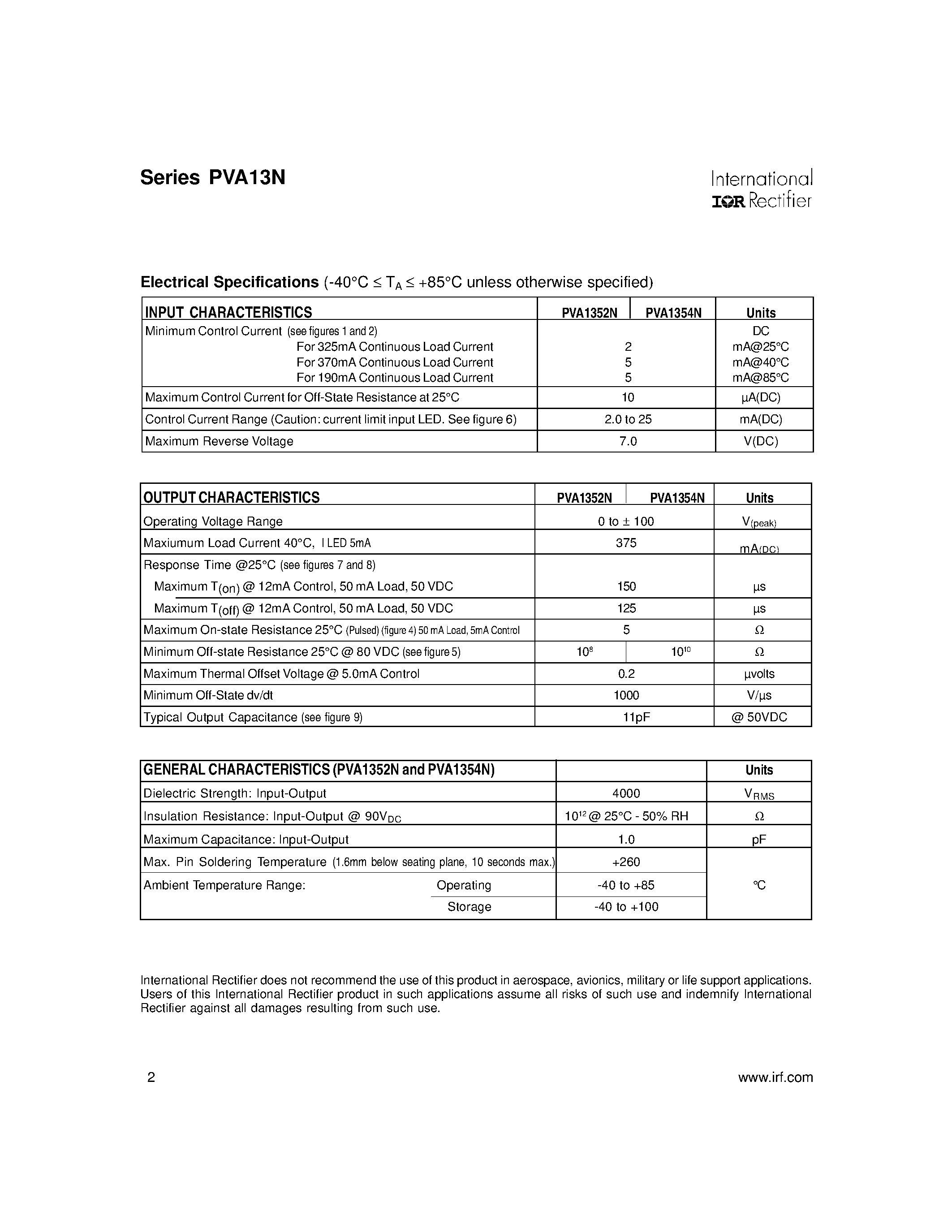 Datasheet PVA1352NS - POWER MOSFET PHOTOVOLTAIC RELAY SINGLE POLE NORMALLY-OPEN 0-100V AC/DC 375MA page 2